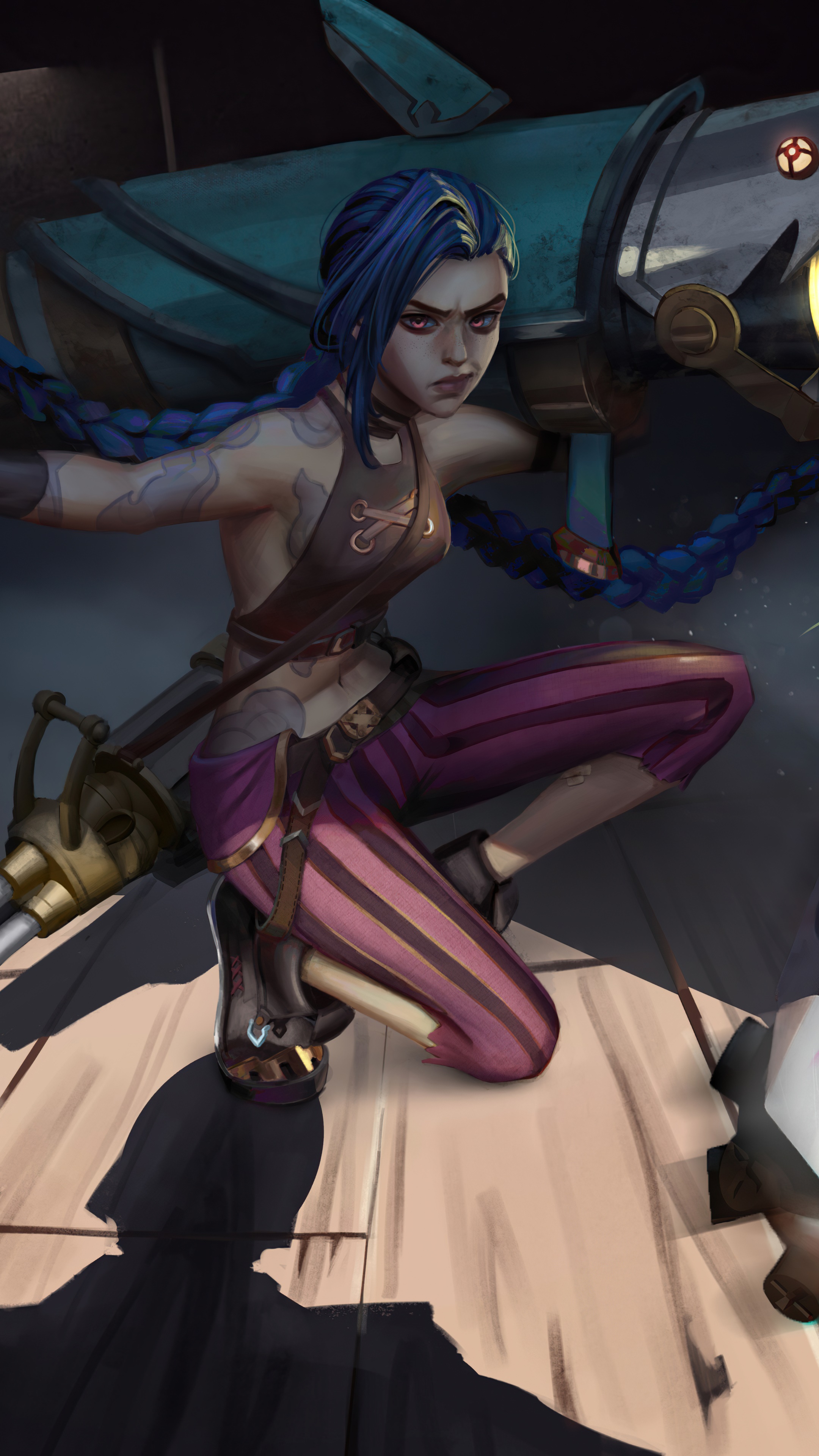 Jinx from League of Legends with a large weapon HD Phone Wallpaper