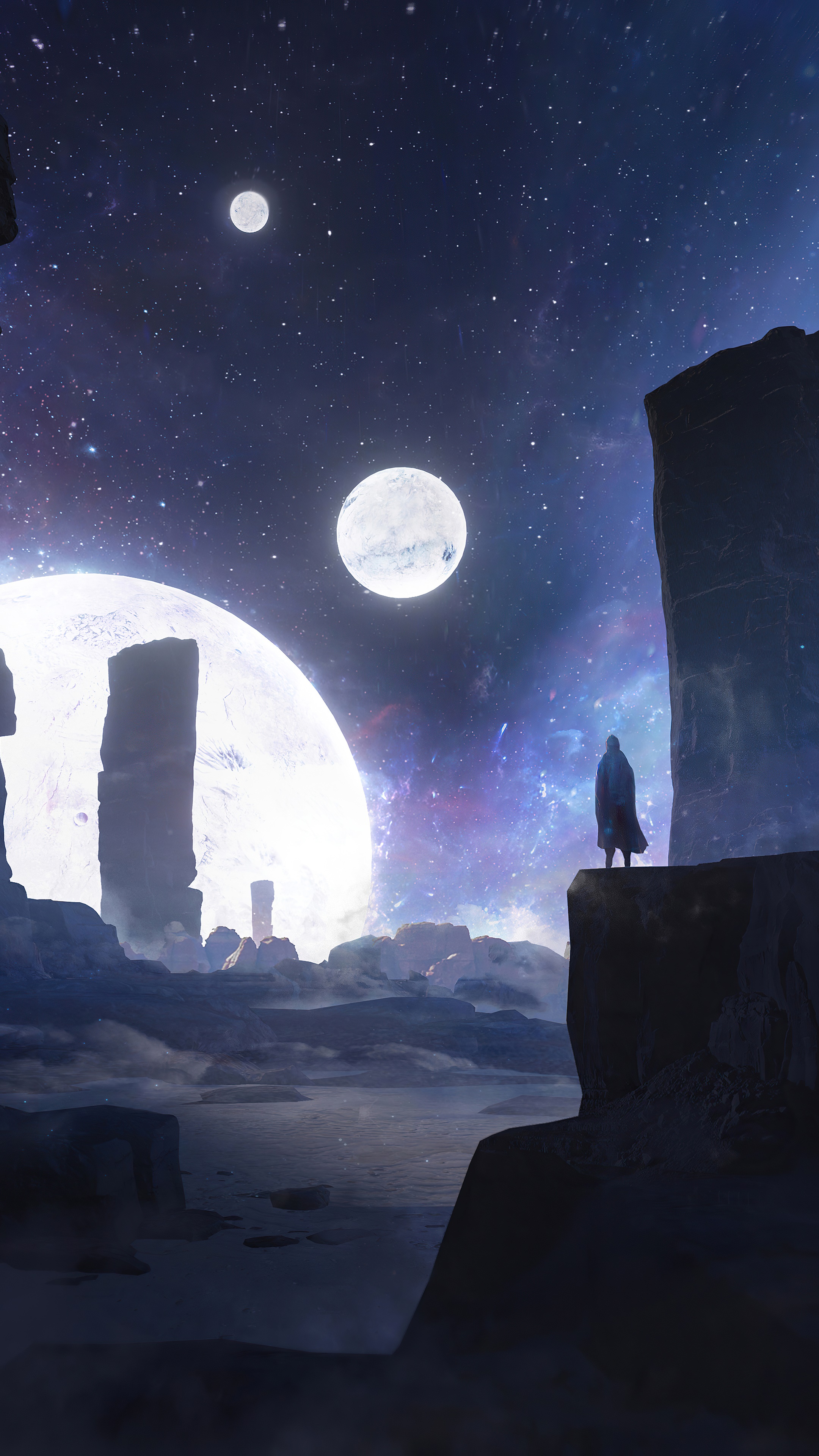 Digital art of a lone figure on an alien planet HD Phone Wallpaper