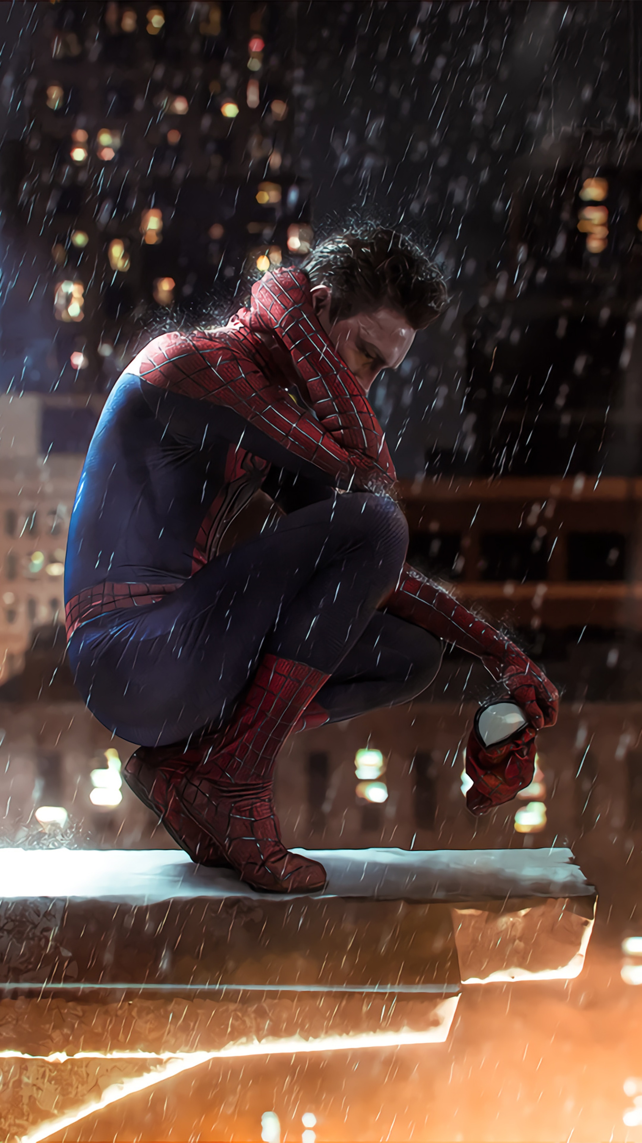 Spider-Man crouching on a rooftop in the rain HD Phone Wallpaper