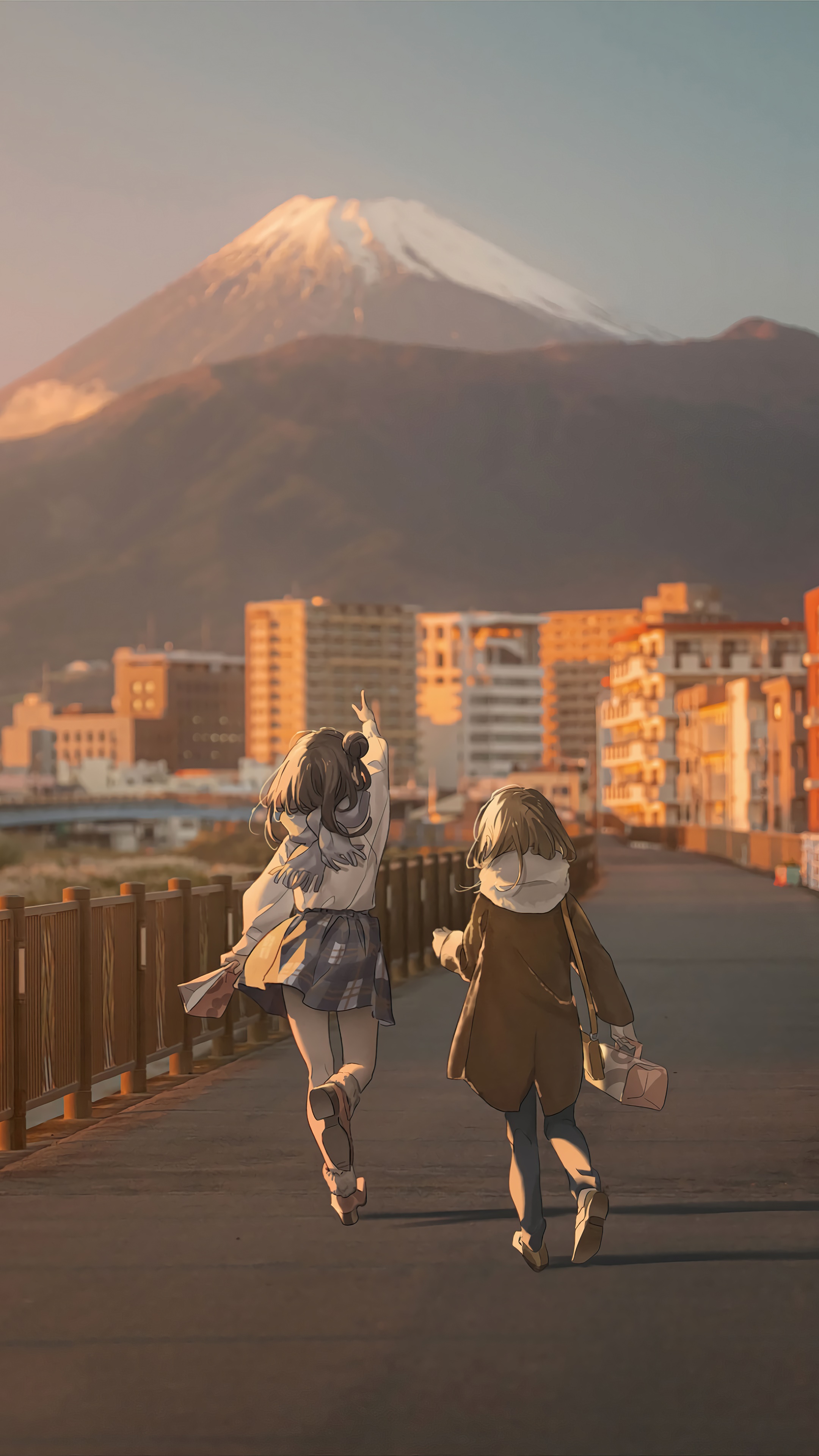 Anime girls walking towards Mount Fuji HD Phone Wallpaper