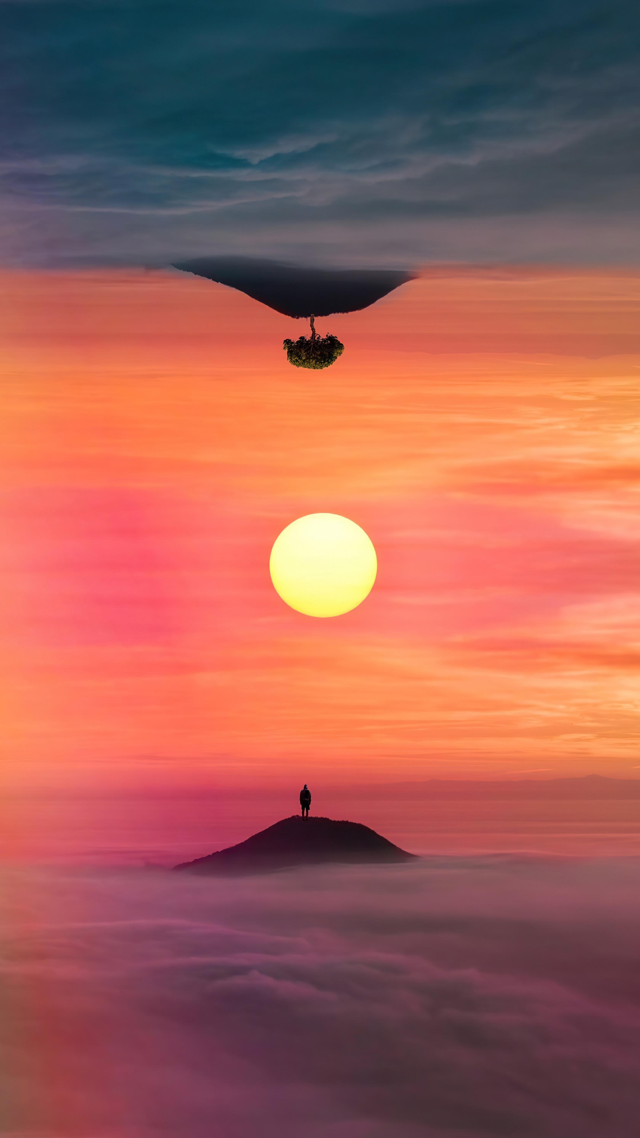 Surreal landscape with inverted sky and floating islands HD Phone Wallpaper