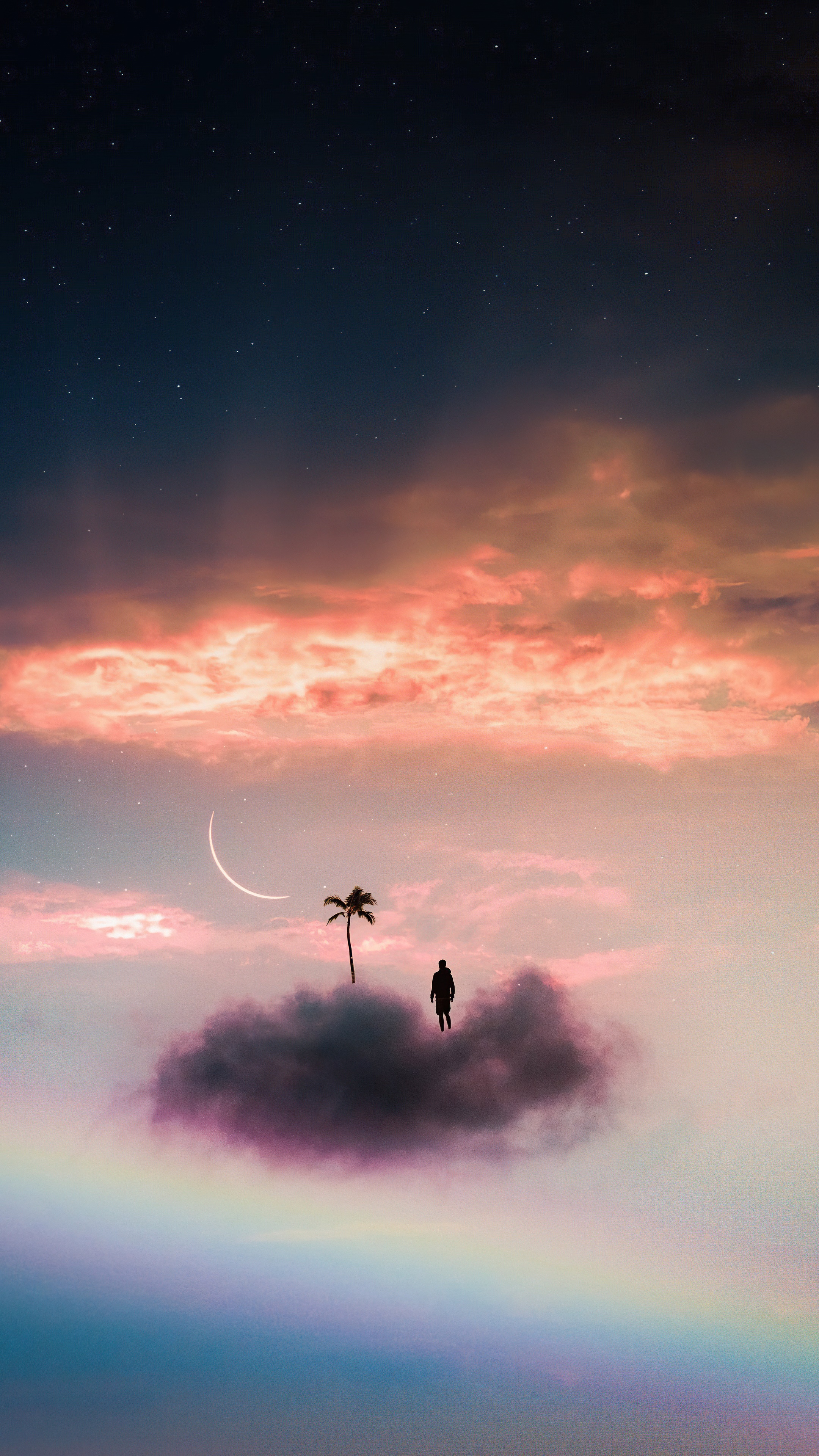 Surreal dreamscape with a lone figure on a cloud island HD Phone Wallpaper