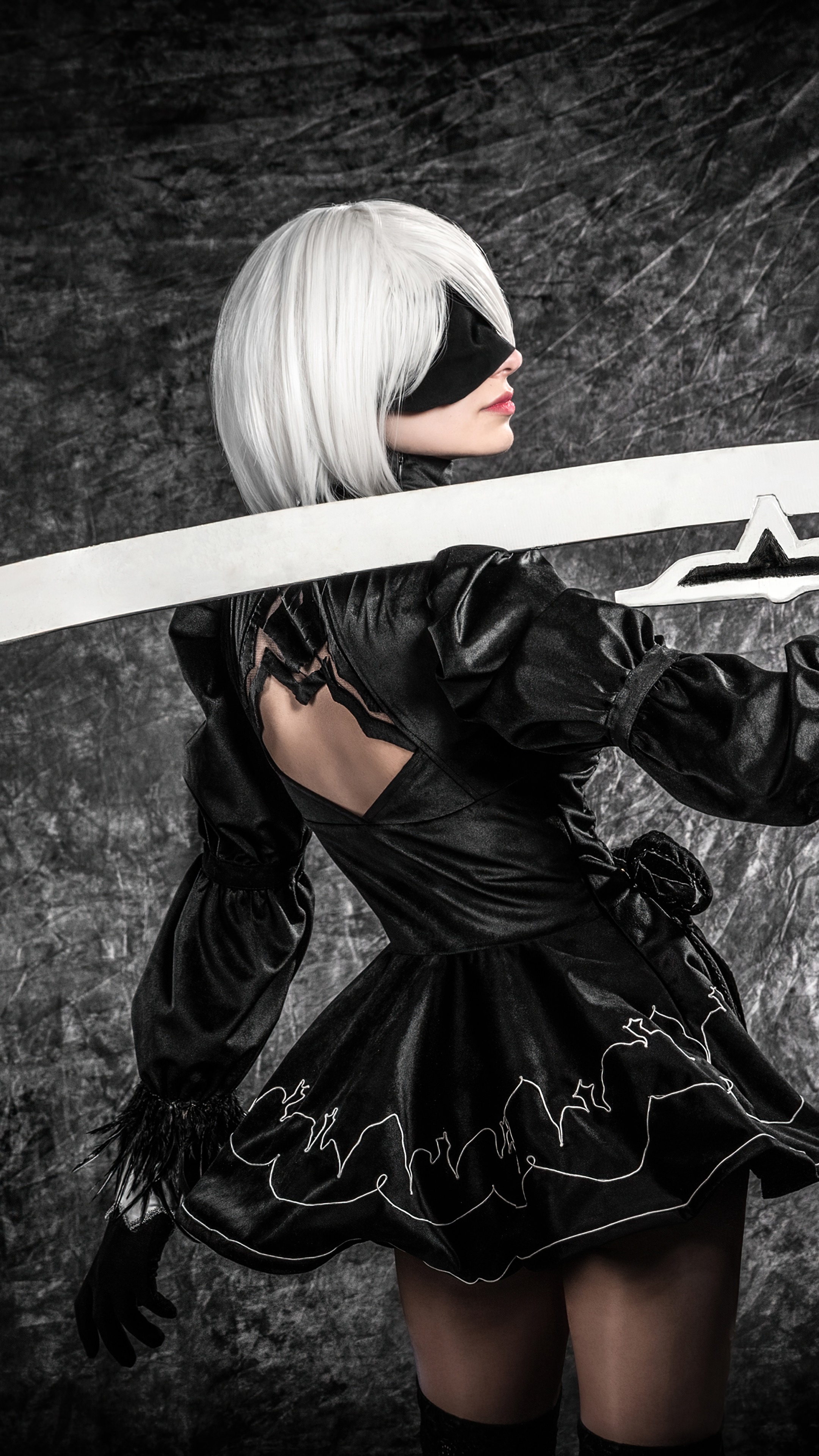 2B from Nier: Automata cosplay with sword HD Phone Wallpaper