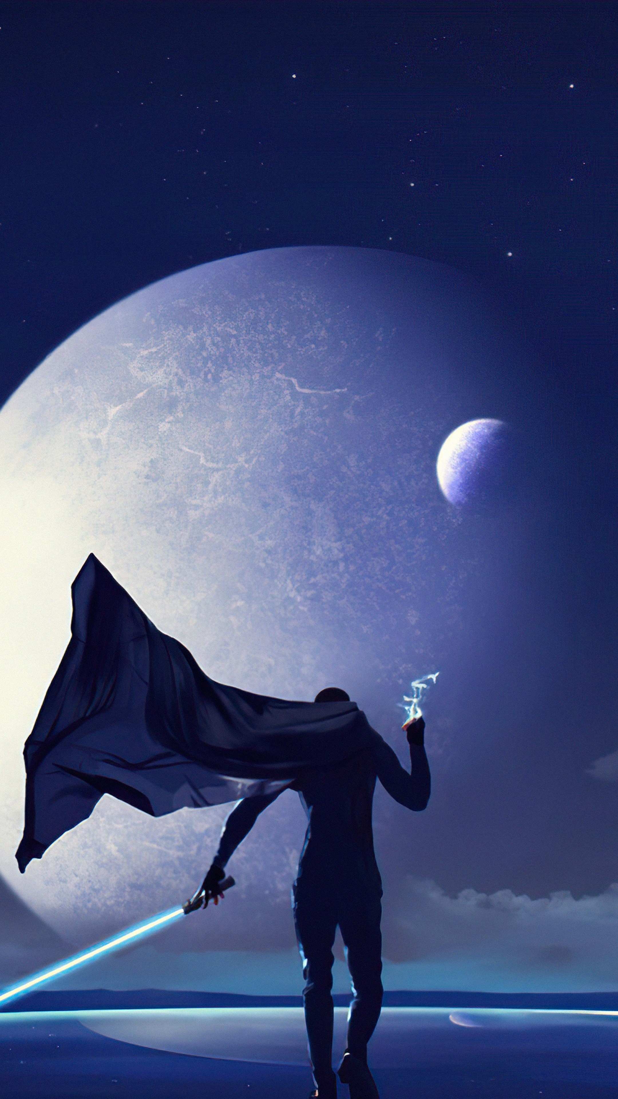 Man with blue lightsaber and cape on alien planet HD Phone Wallpaper