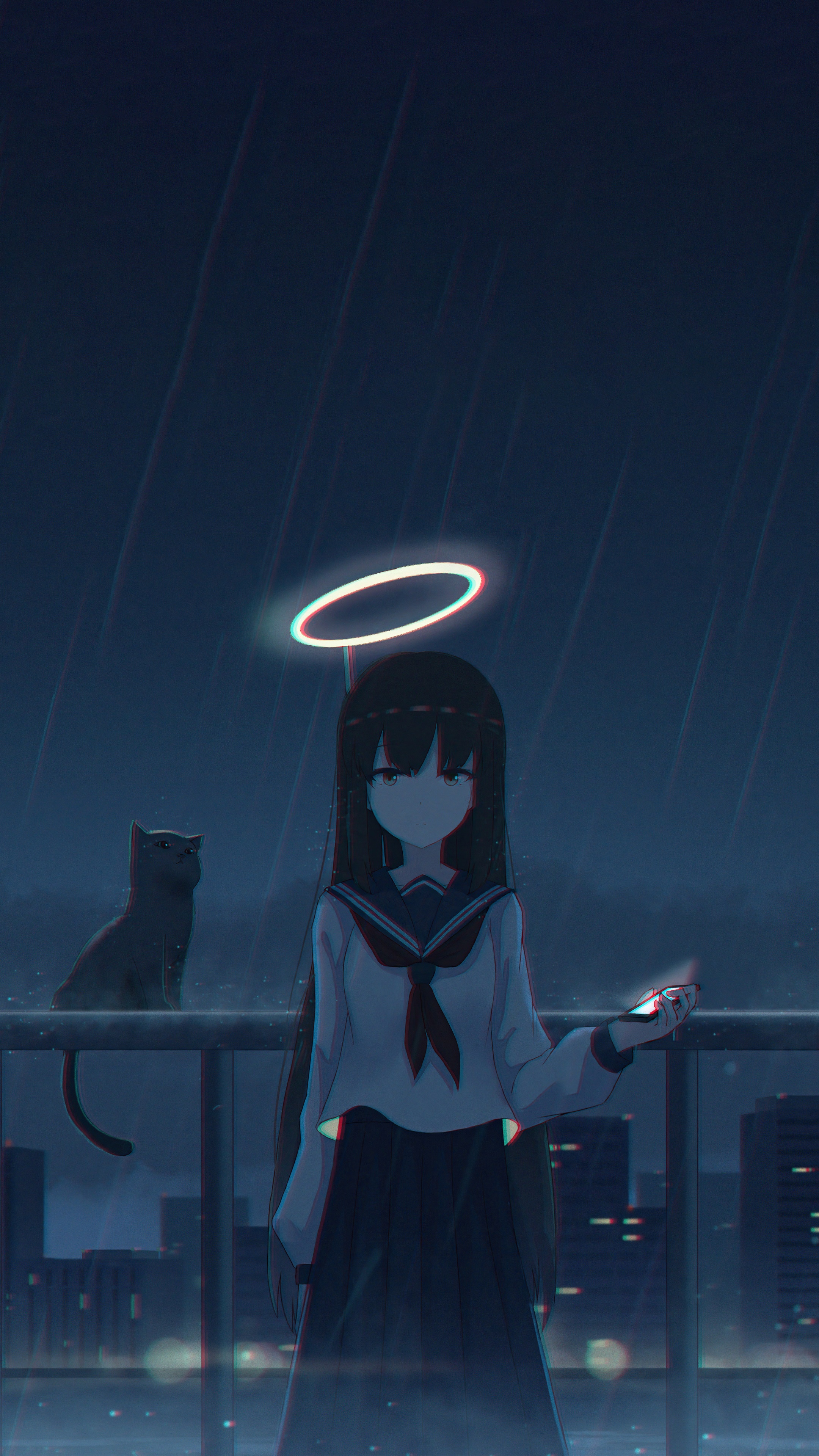 Anime girl with halo and cat in rain HD Phone Wallpaper