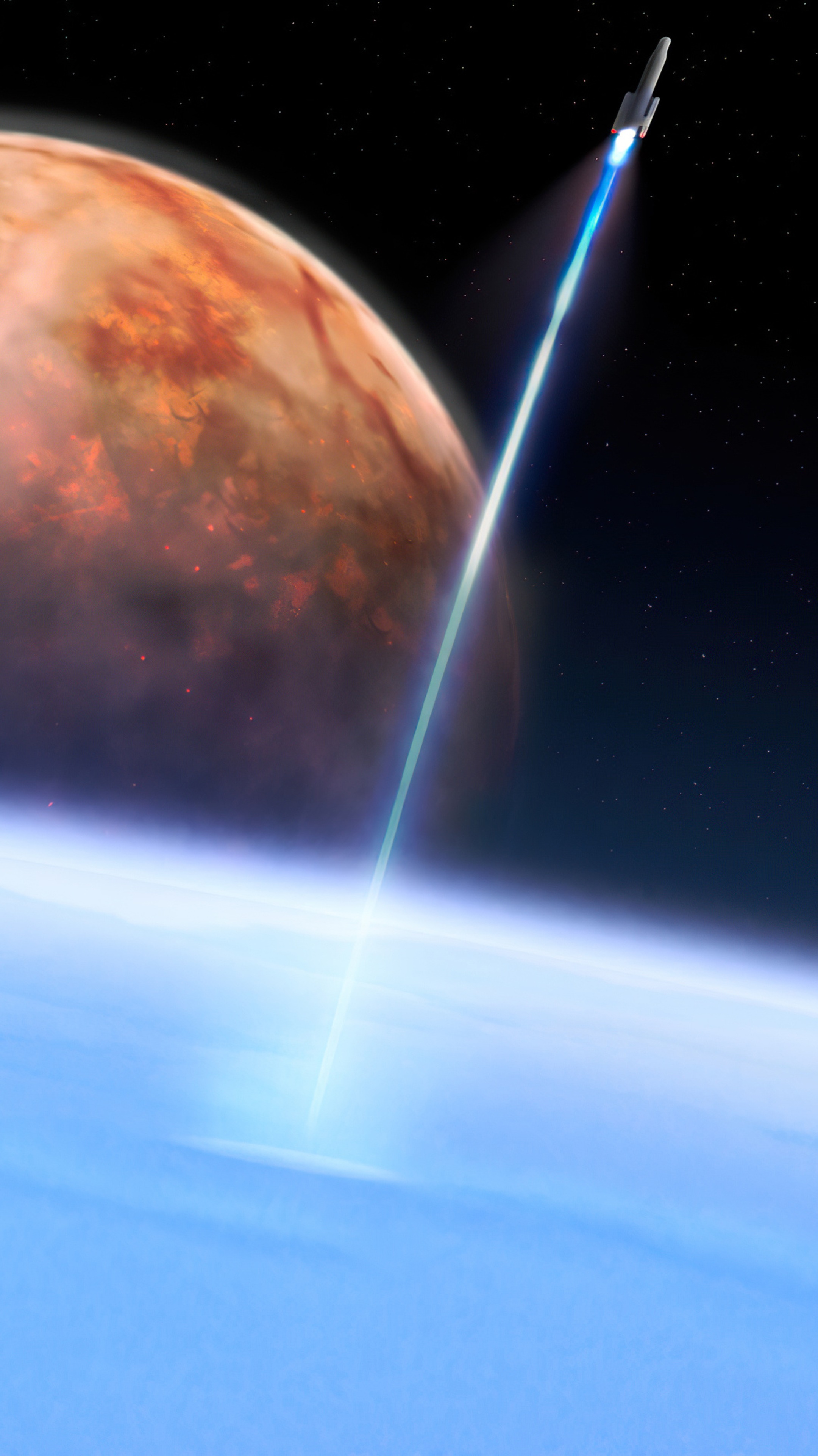 Spaceship leaving a planet with another planet in the background HD Phone Wallpaper