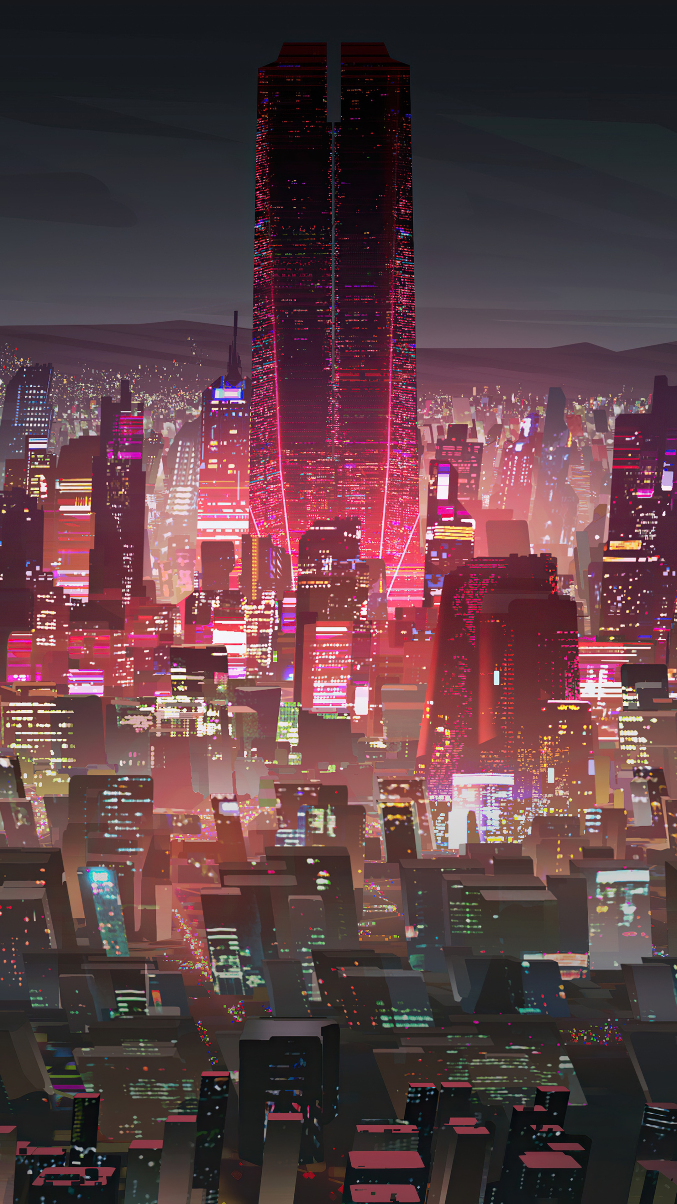 Futuristic cityscape with a tall skyscraper at night HD Phone Wallpaper