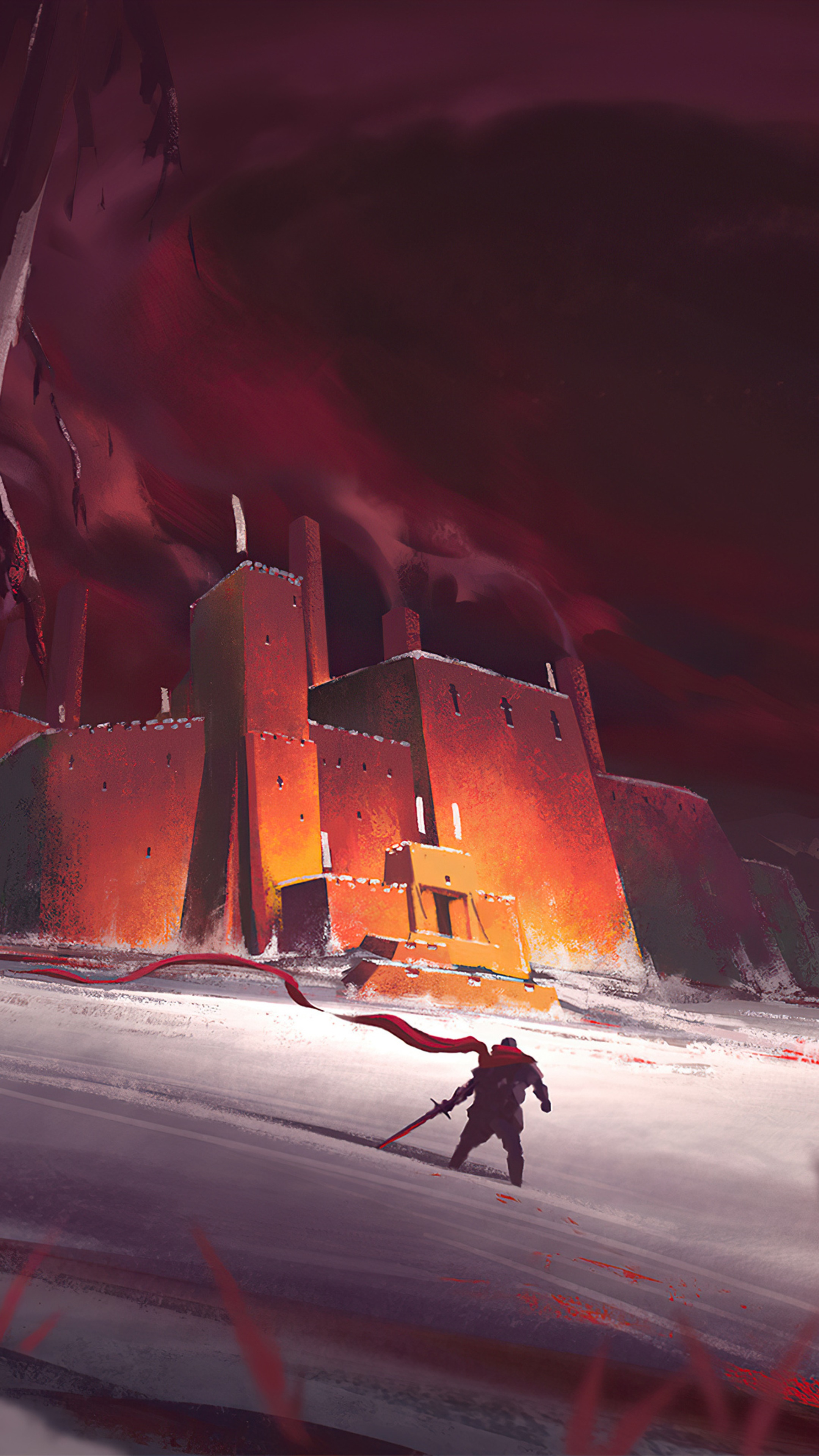 Knight with Red Scarf in Snowy Landscape Before Fortress HD Phone Wallpaper