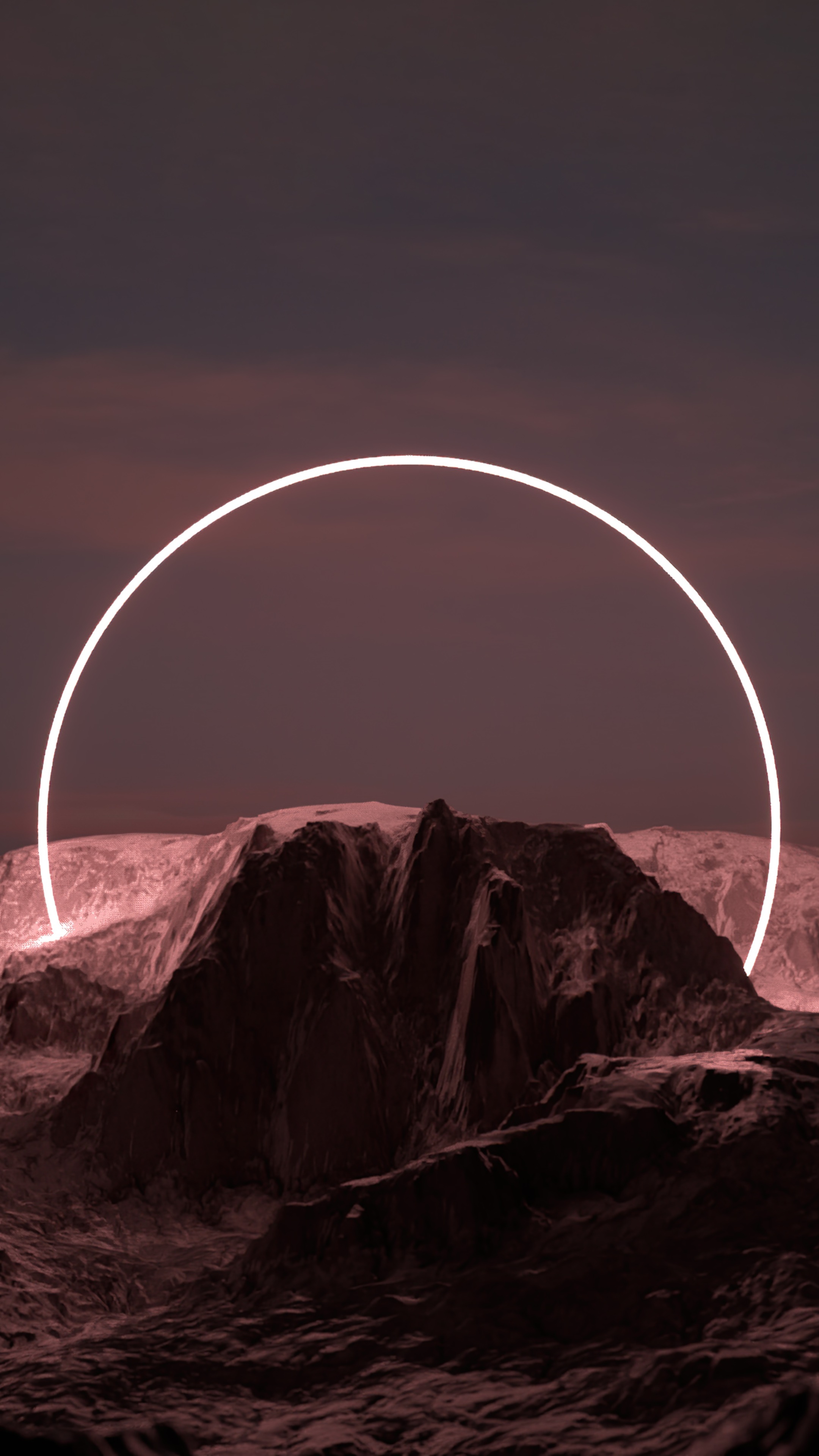 Digital art of mountains with a neon circle HD Phone Wallpaper