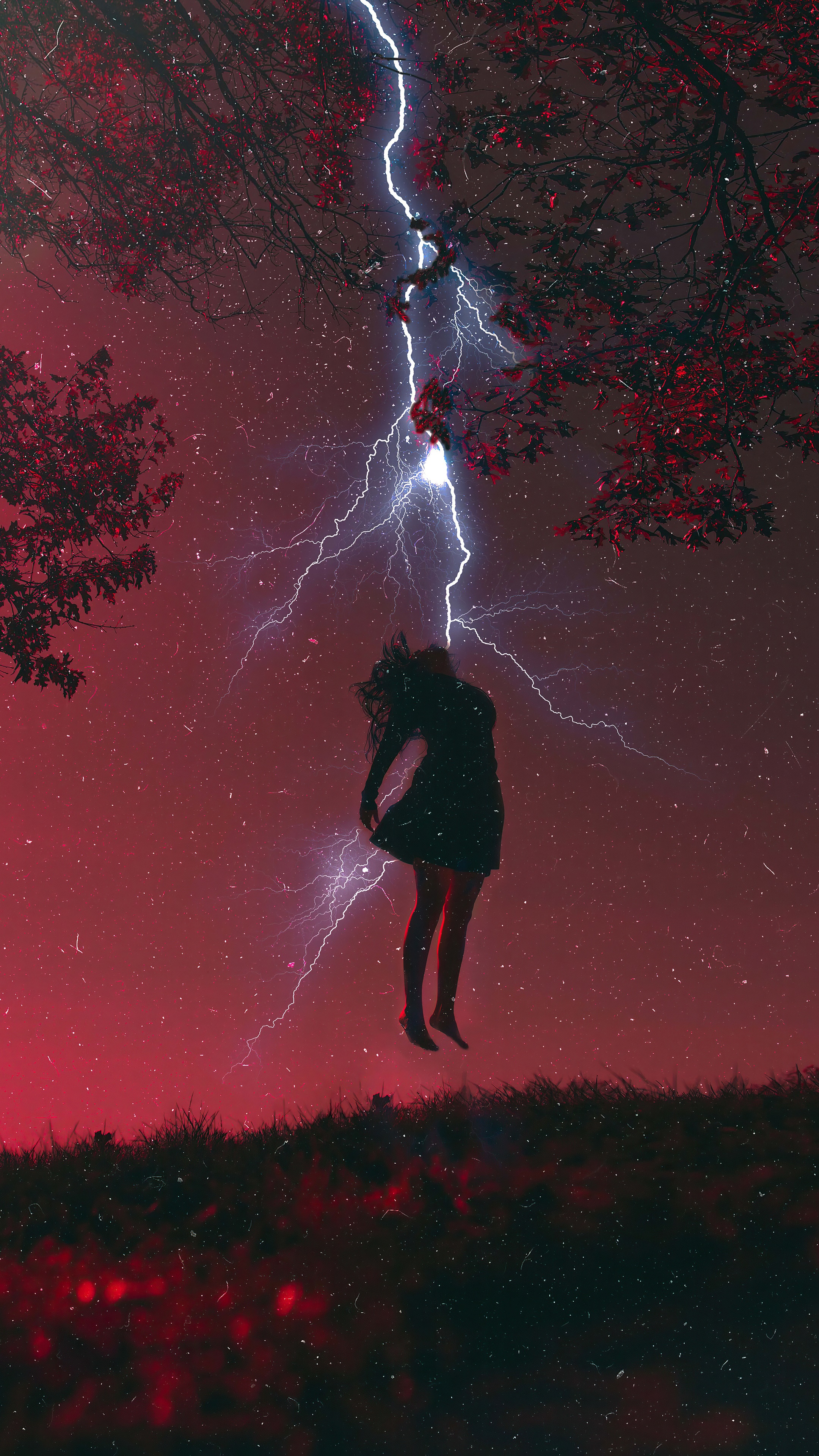 Lightning striking a person under a tree HD Phone Wallpaper