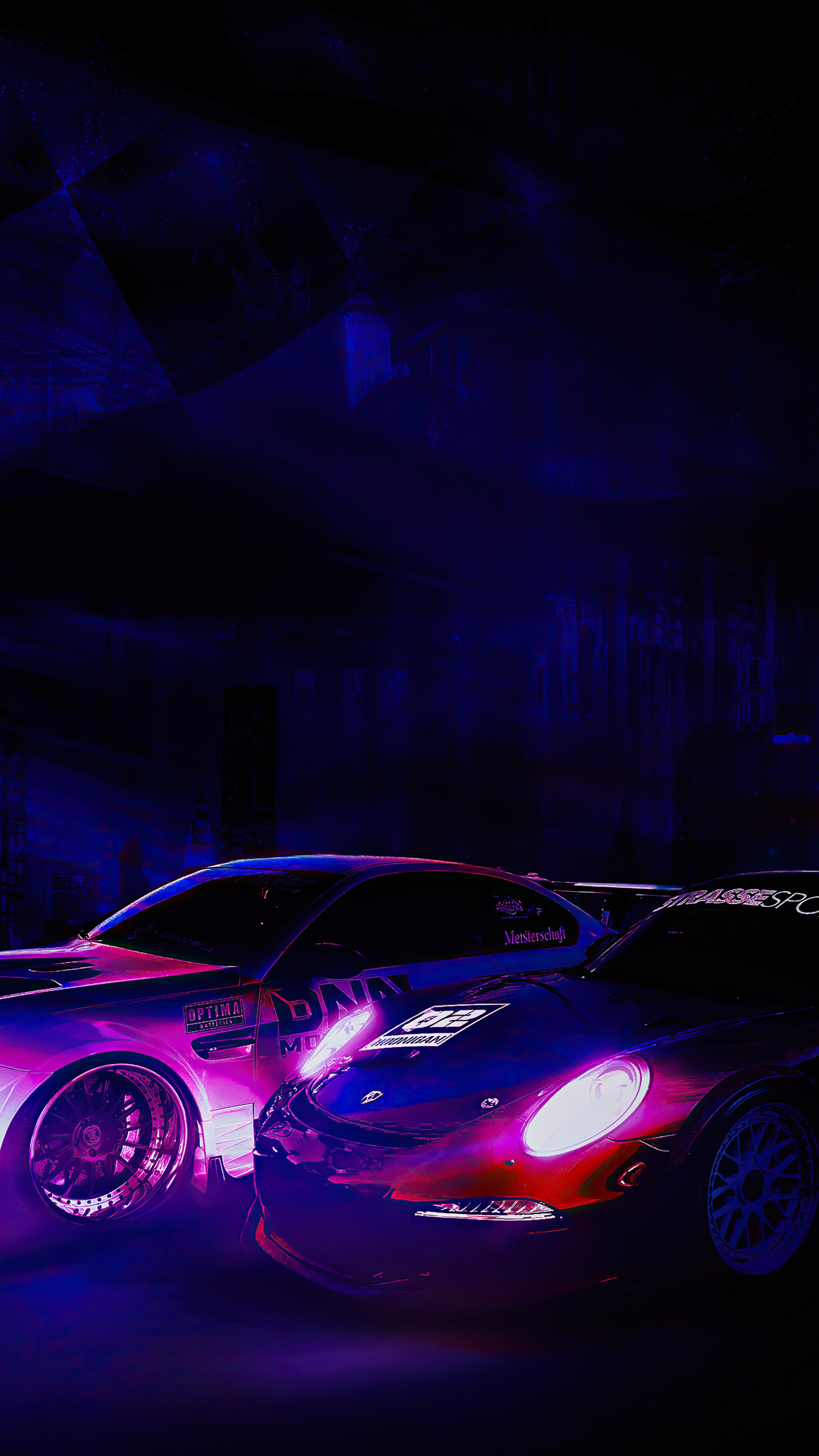 Two sports cars illuminated by neon lights HD Phone Wallpaper