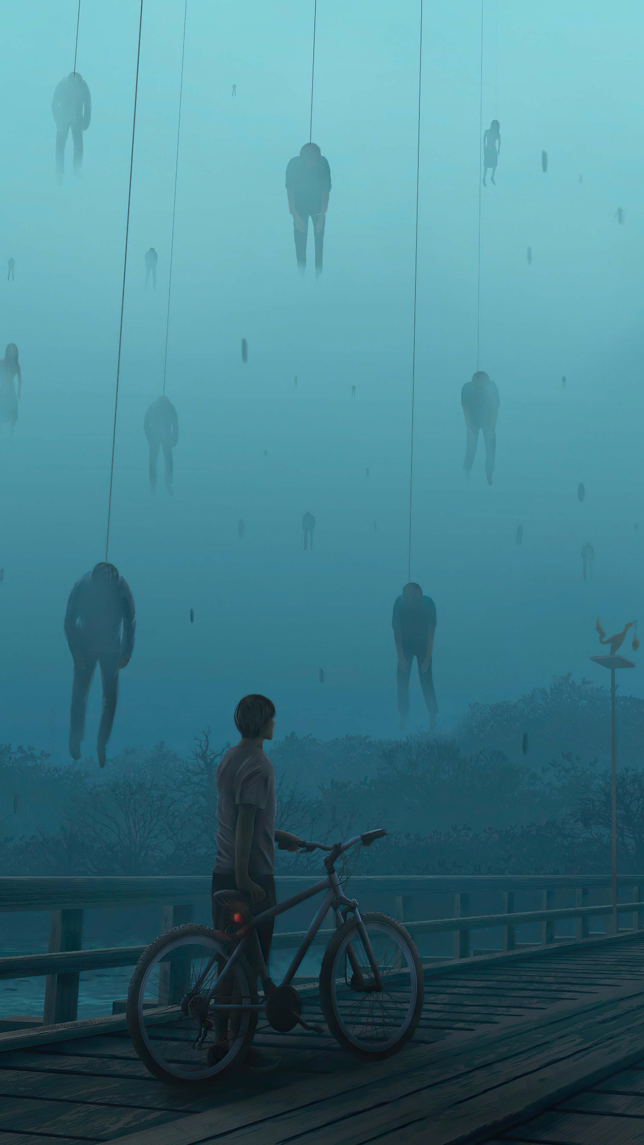 Figures hanging from wires over a bridge HD Phone Wallpaper