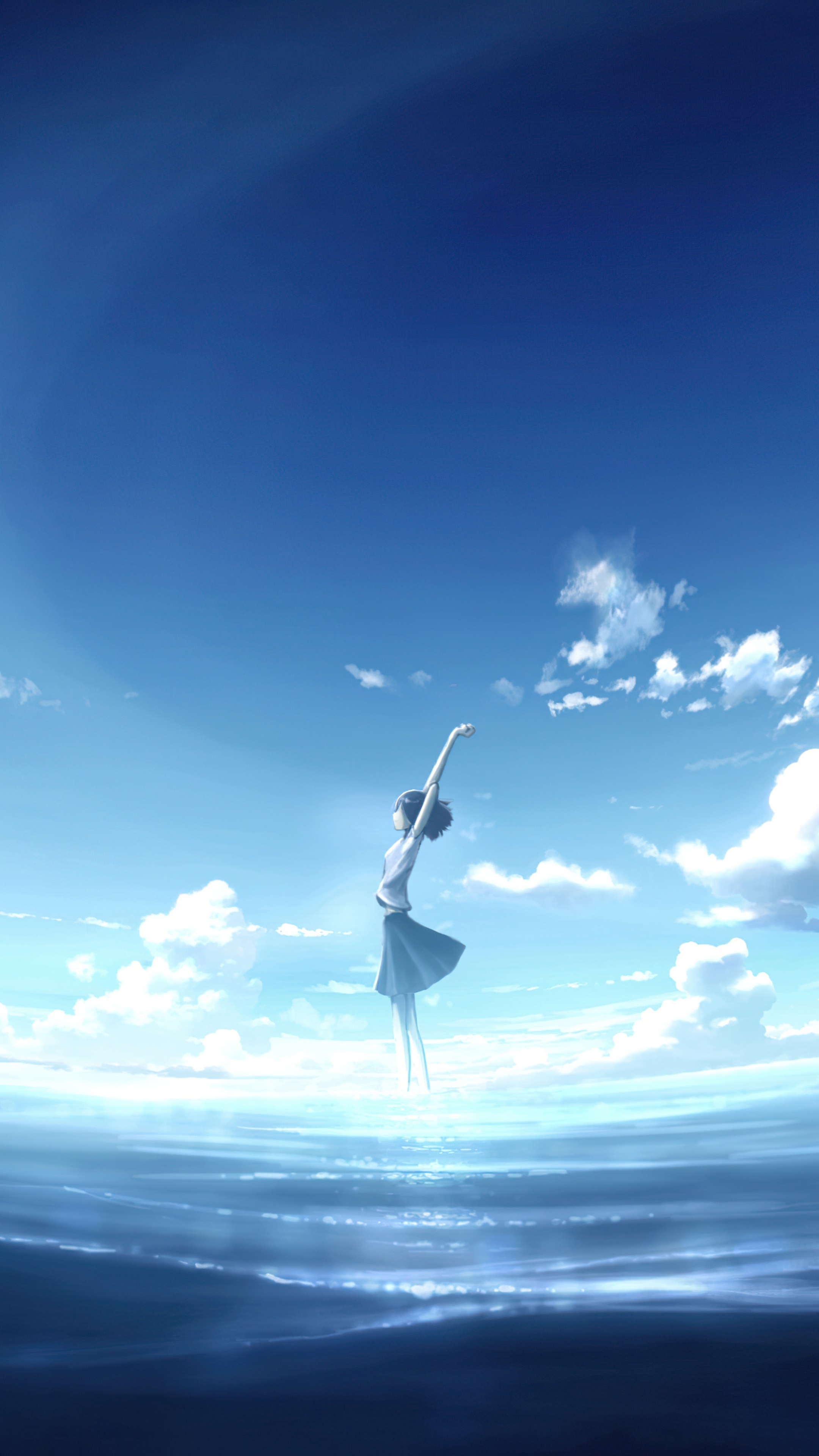 Anime girl dancing in the sky over the ocean HD Phone Wallpaper