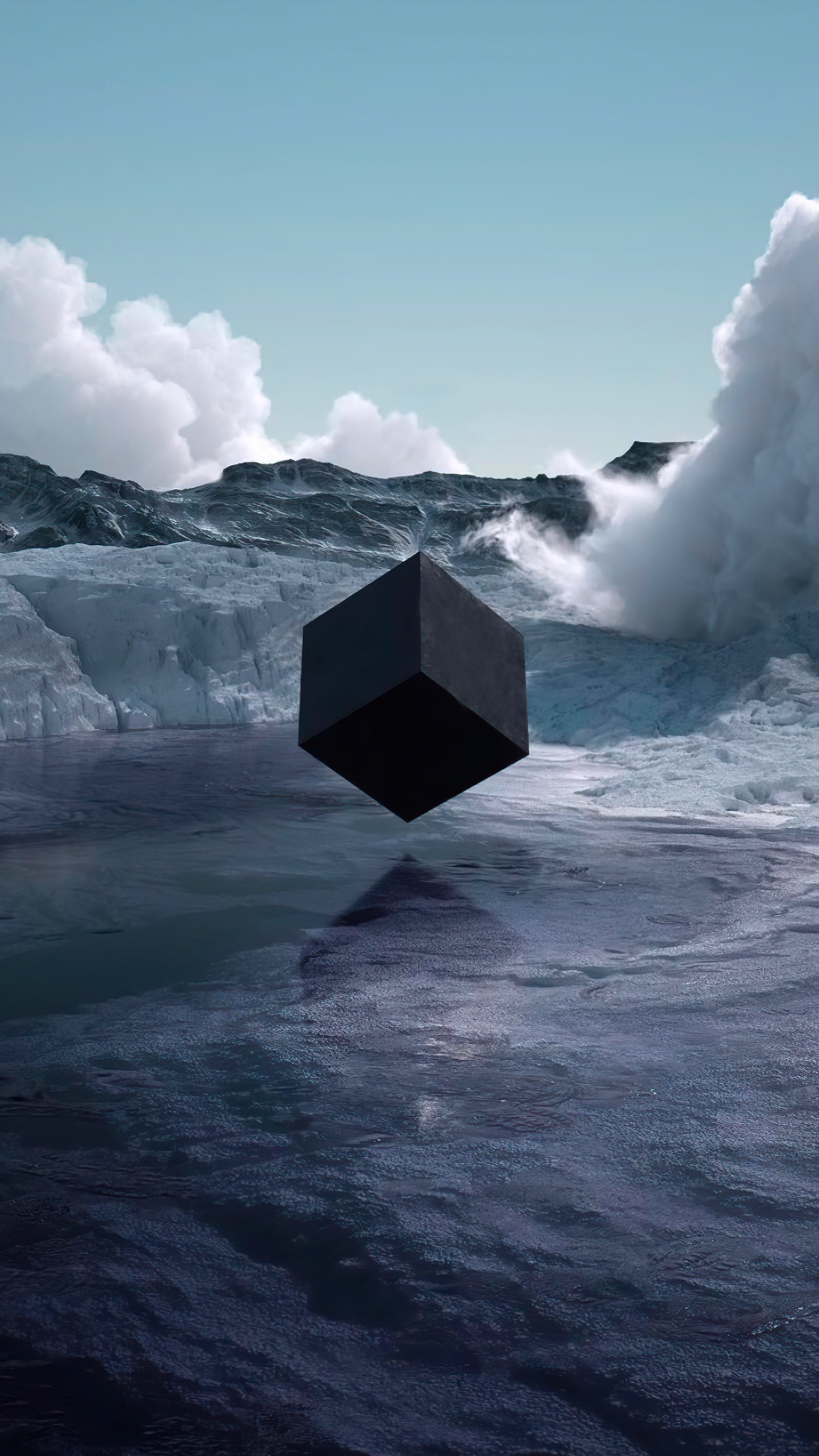 Black cube floating over icy water with mountains HD Phone Wallpaper