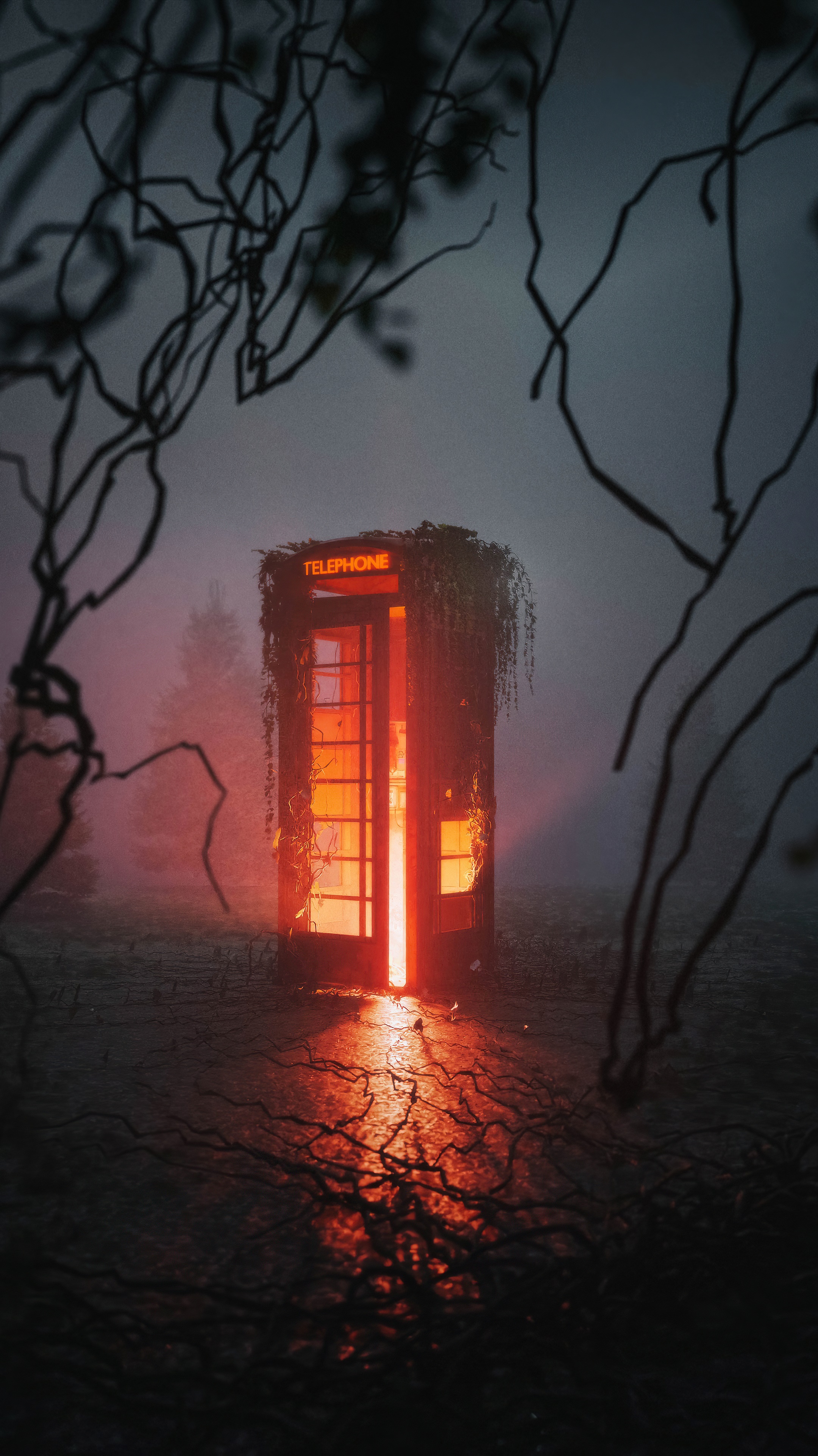 Abandoned telephone booth with red light HD Phone Wallpaper