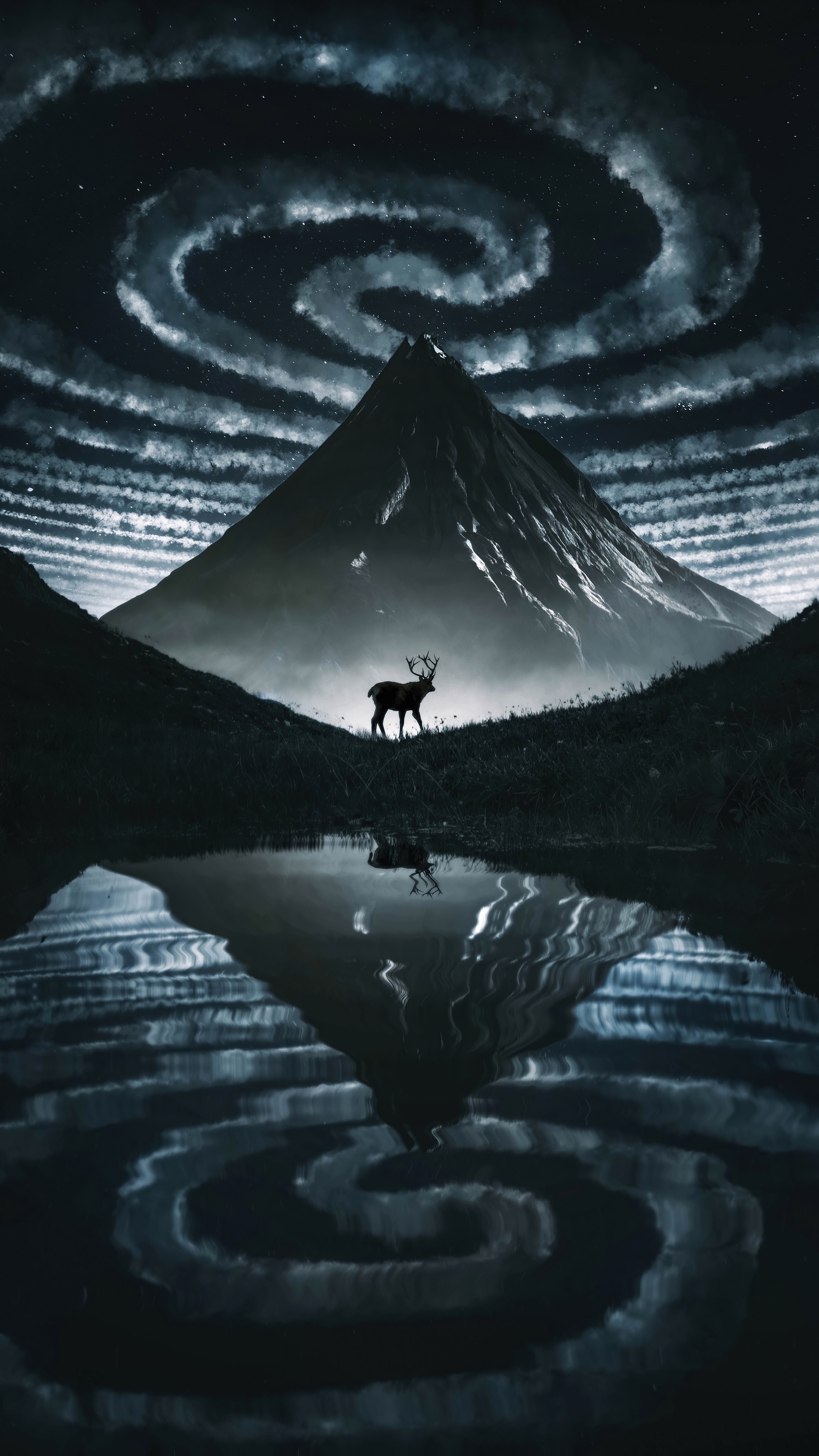 Reindeer in front of a mountain with spiral clouds HD Phone Wallpaper