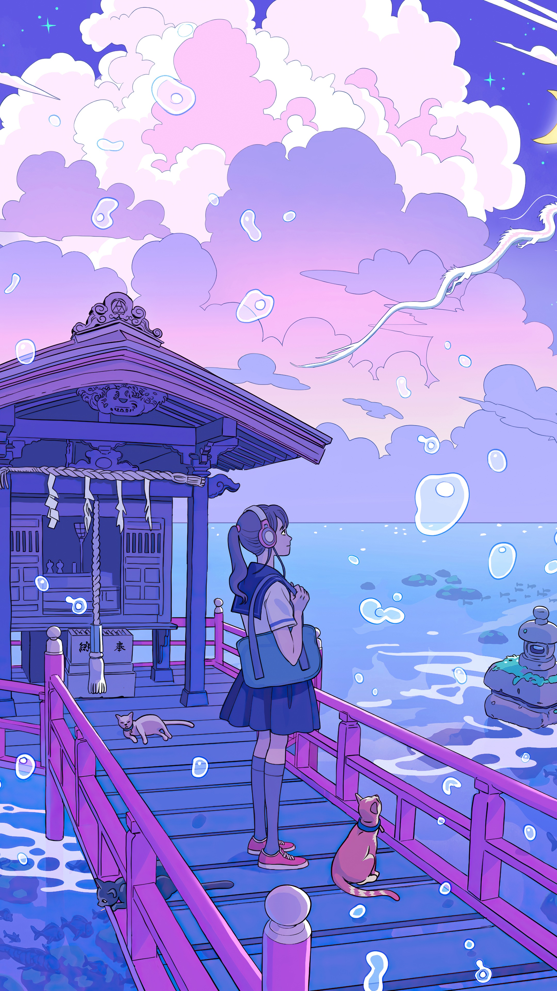 Anime girl with headphones and cats on a bridge HD Phone Wallpaper