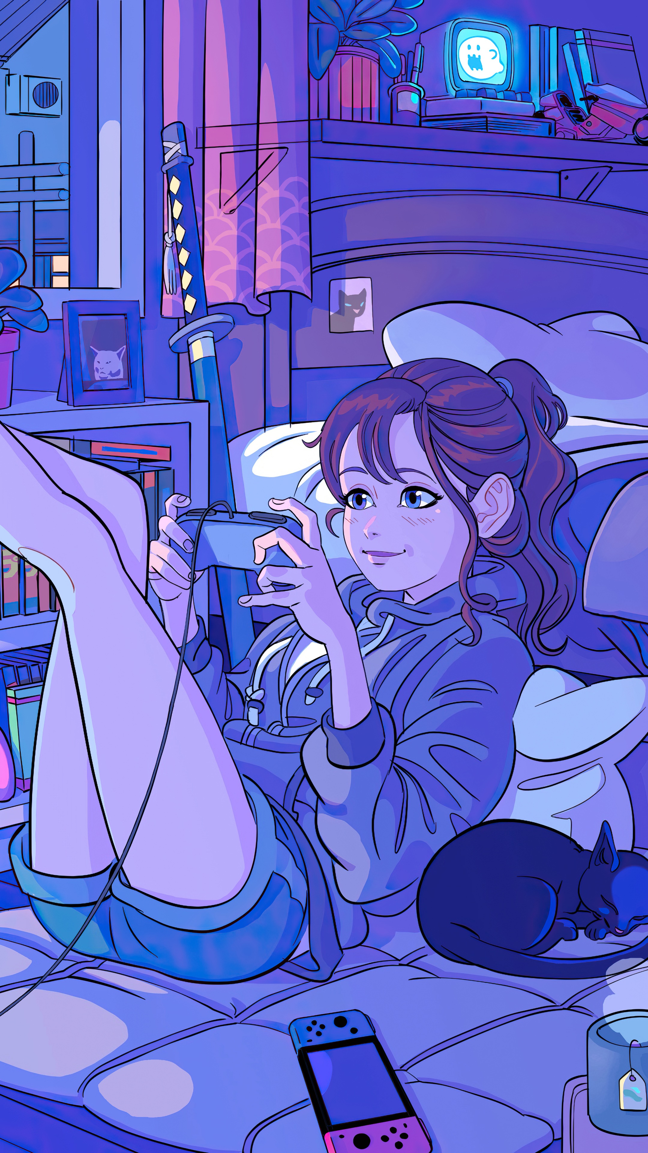 Anime girl playing video games with a cat HD Phone Wallpaper