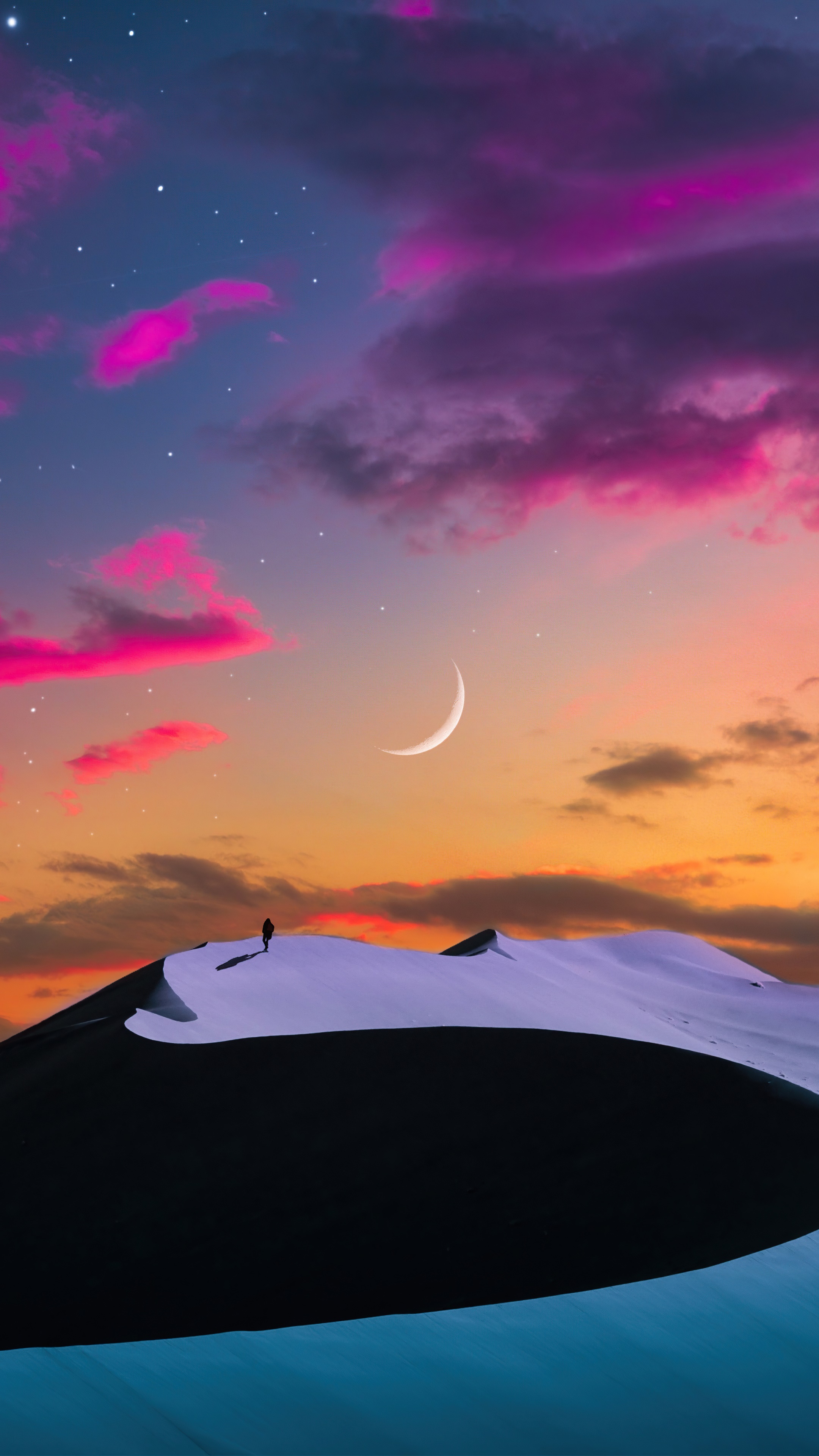 Person on sand dune under crescent moon and colorful sky HD Phone Wallpaper