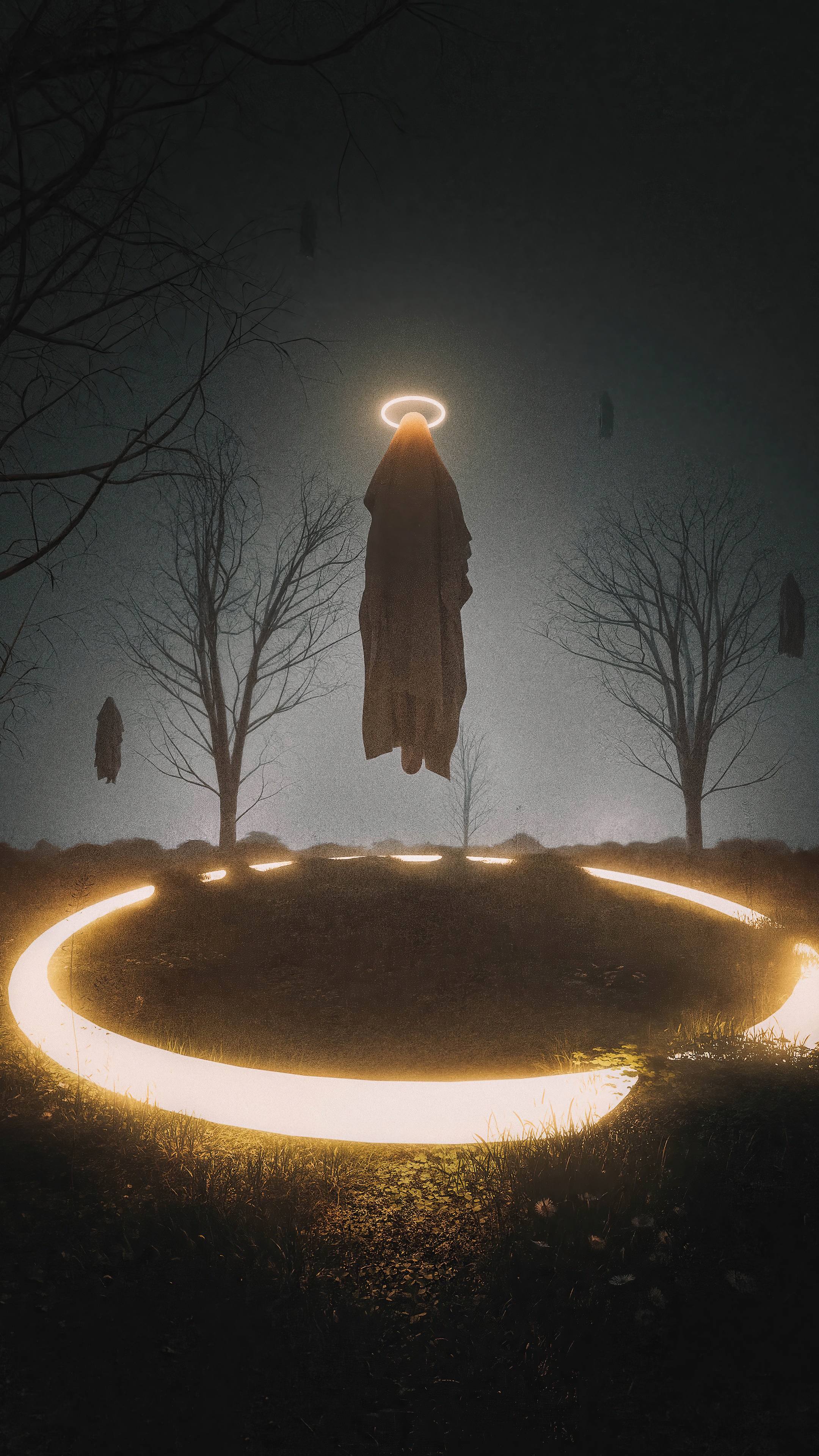 Floating figure with halo in a dark, misty landscape HD Phone Wallpaper