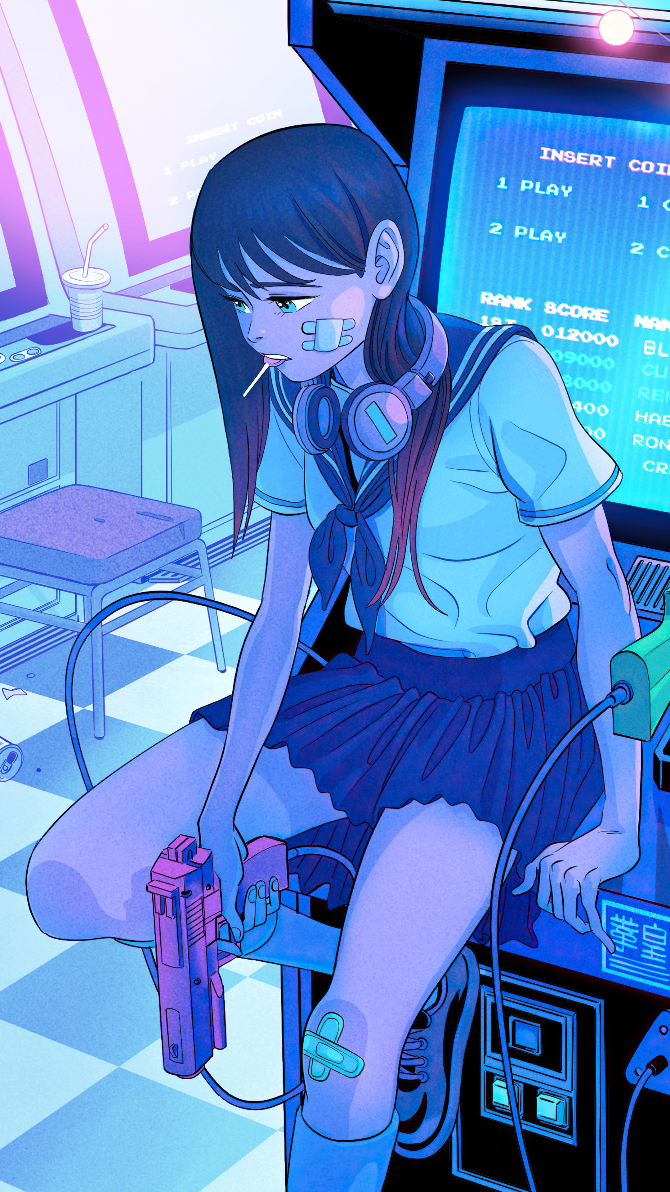 Anime girl with headphones and gun at arcade HD Phone Wallpaper