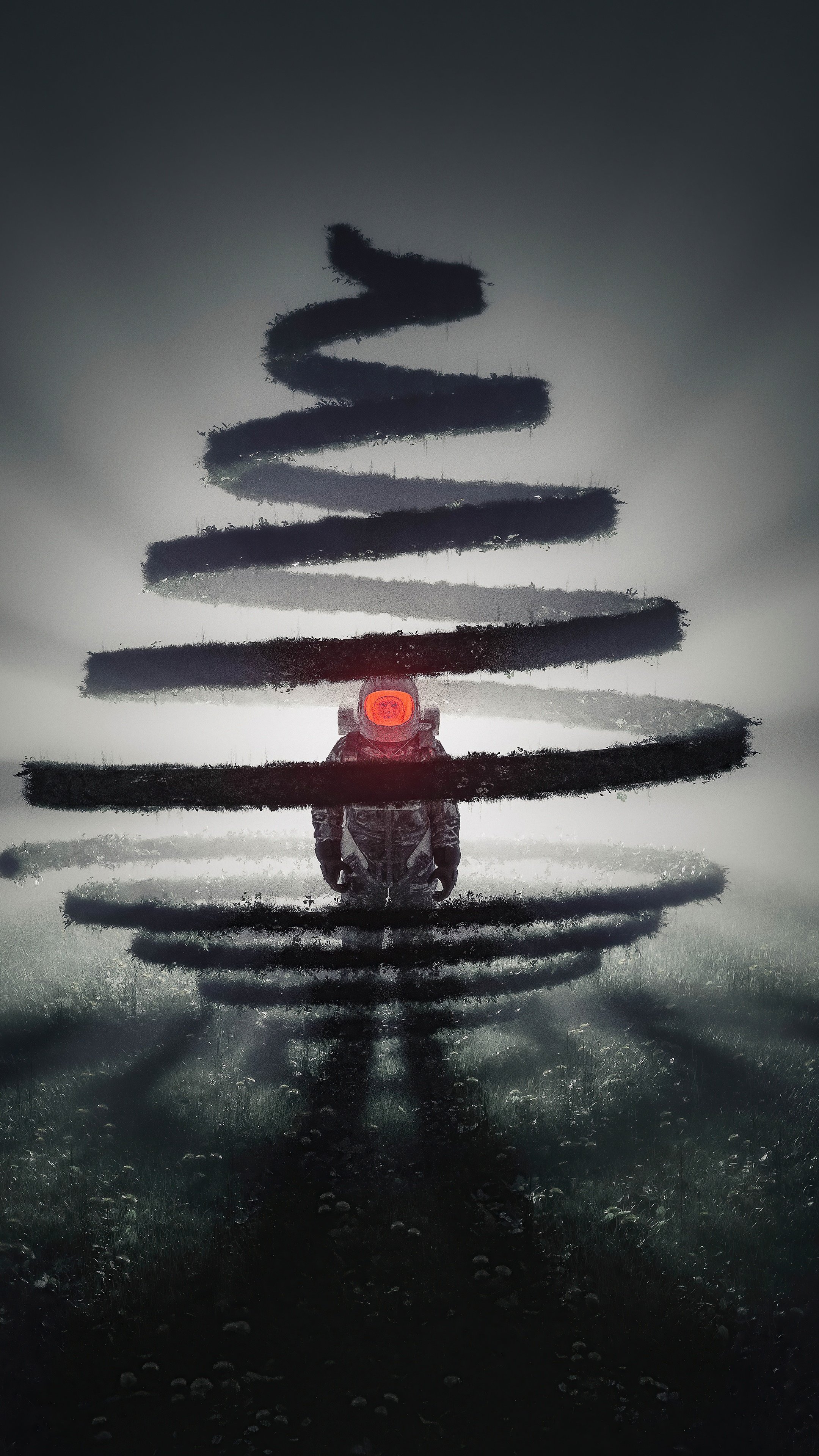 Astronaut in a field with abstract tree shape HD Phone Wallpaper