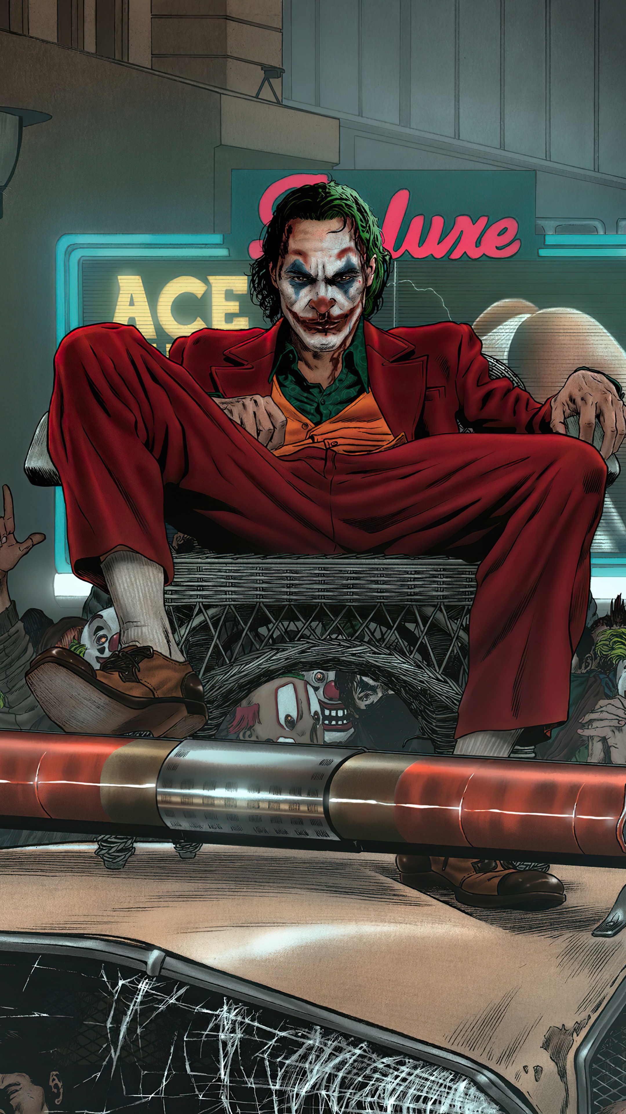 The Joker from DC Comics sitting on a car HD Phone Wallpaper
