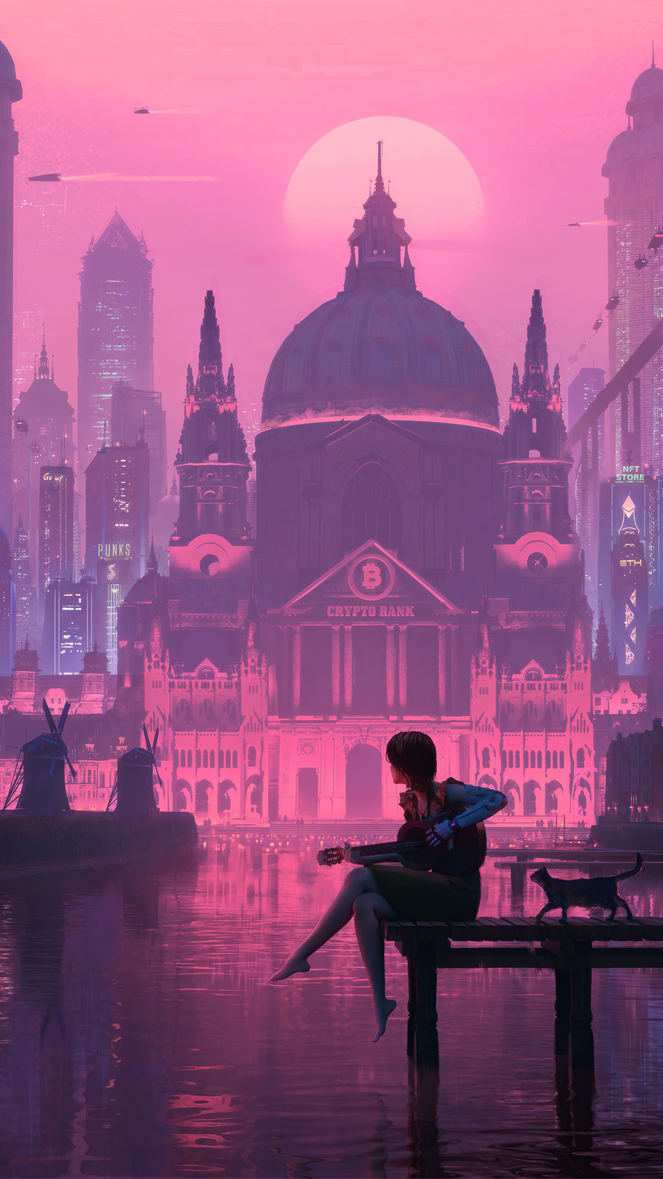 Synthwave artwork of a girl playing guitar by a crypto bank HD Phone Wallpaper