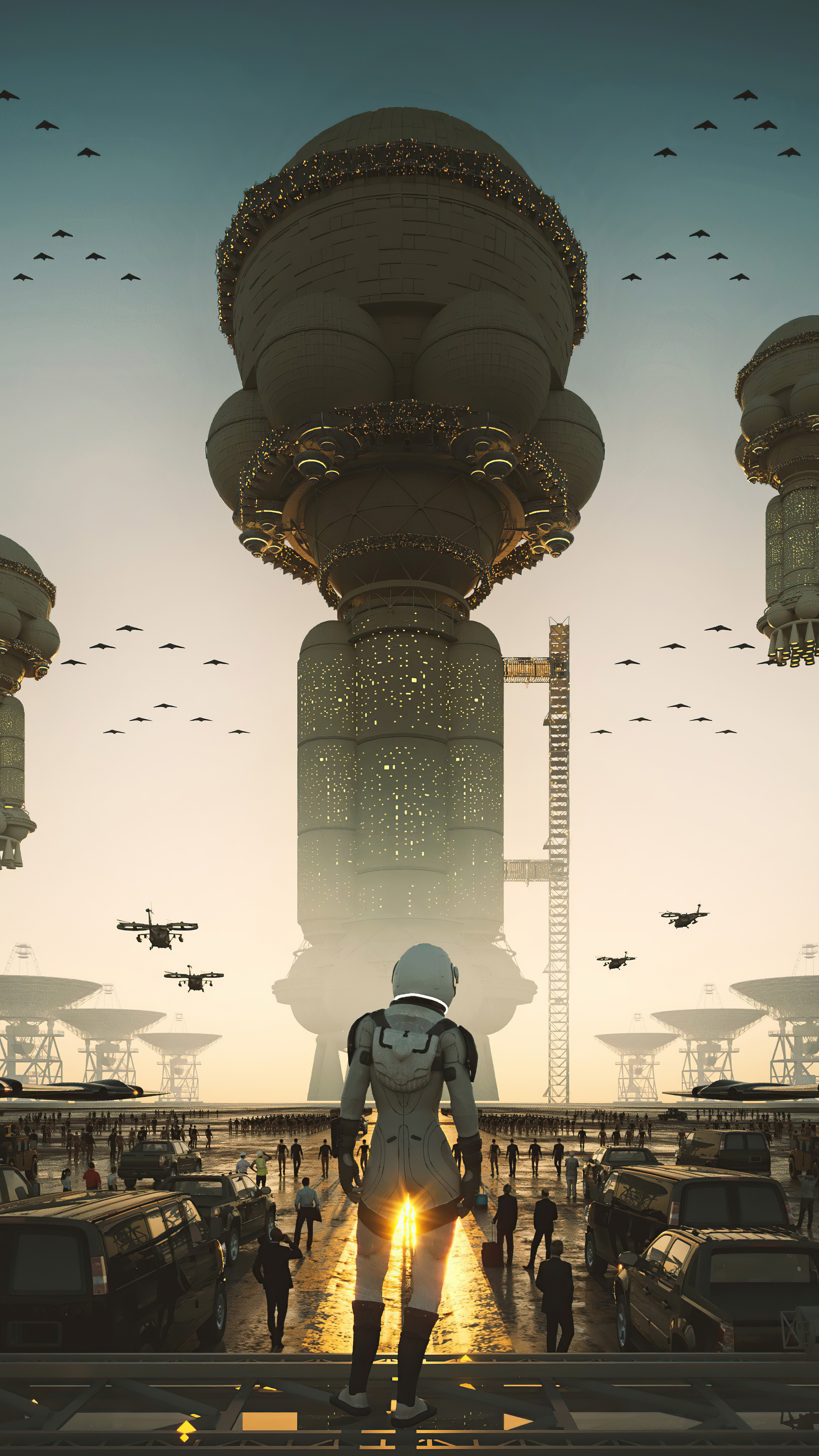 Astronaut in a futuristic city with drones and towers HD Phone Wallpaper