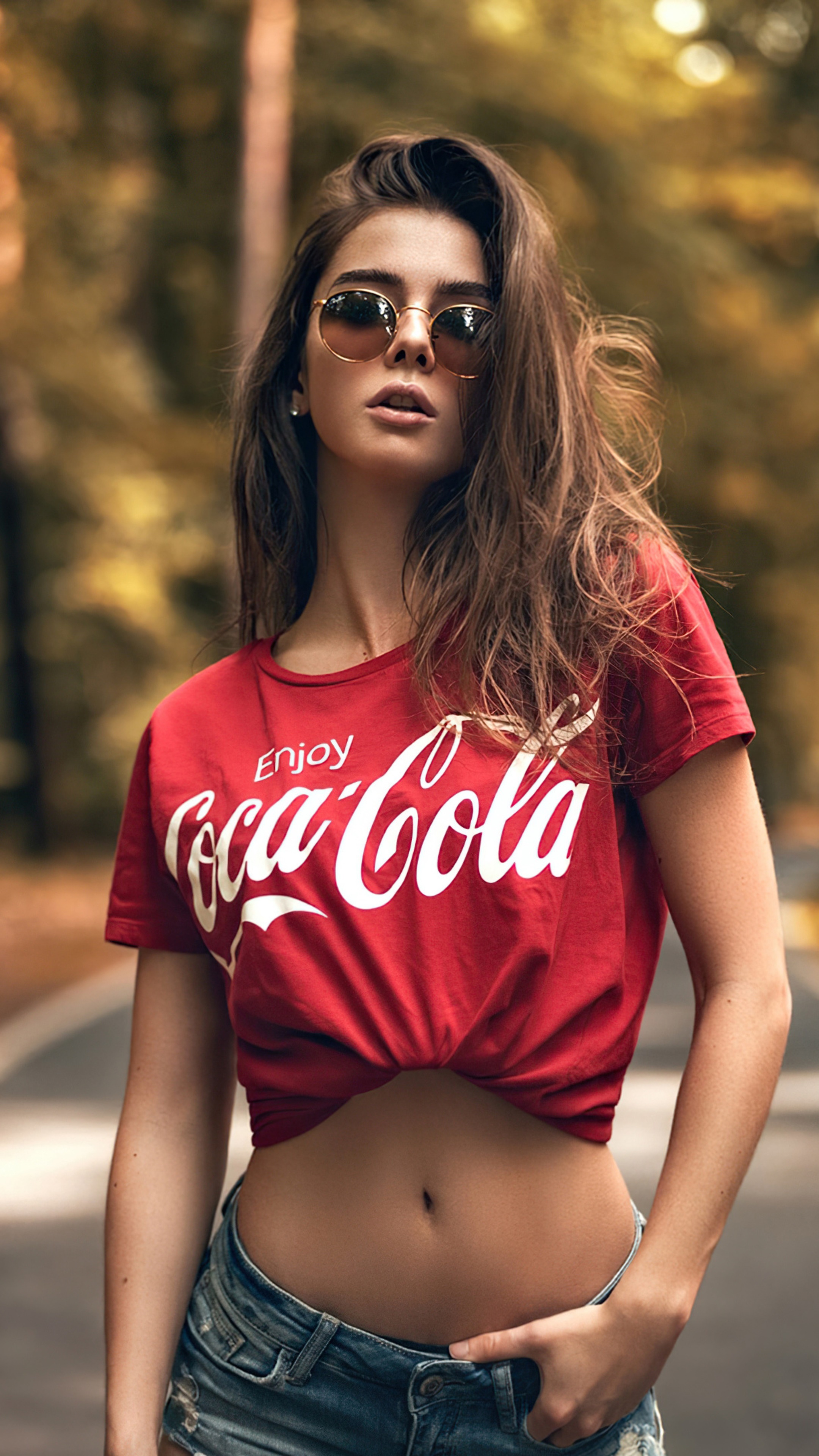 Woman wearing Coca-Cola t-shirt and sunglasses HD Phone Wallpaper