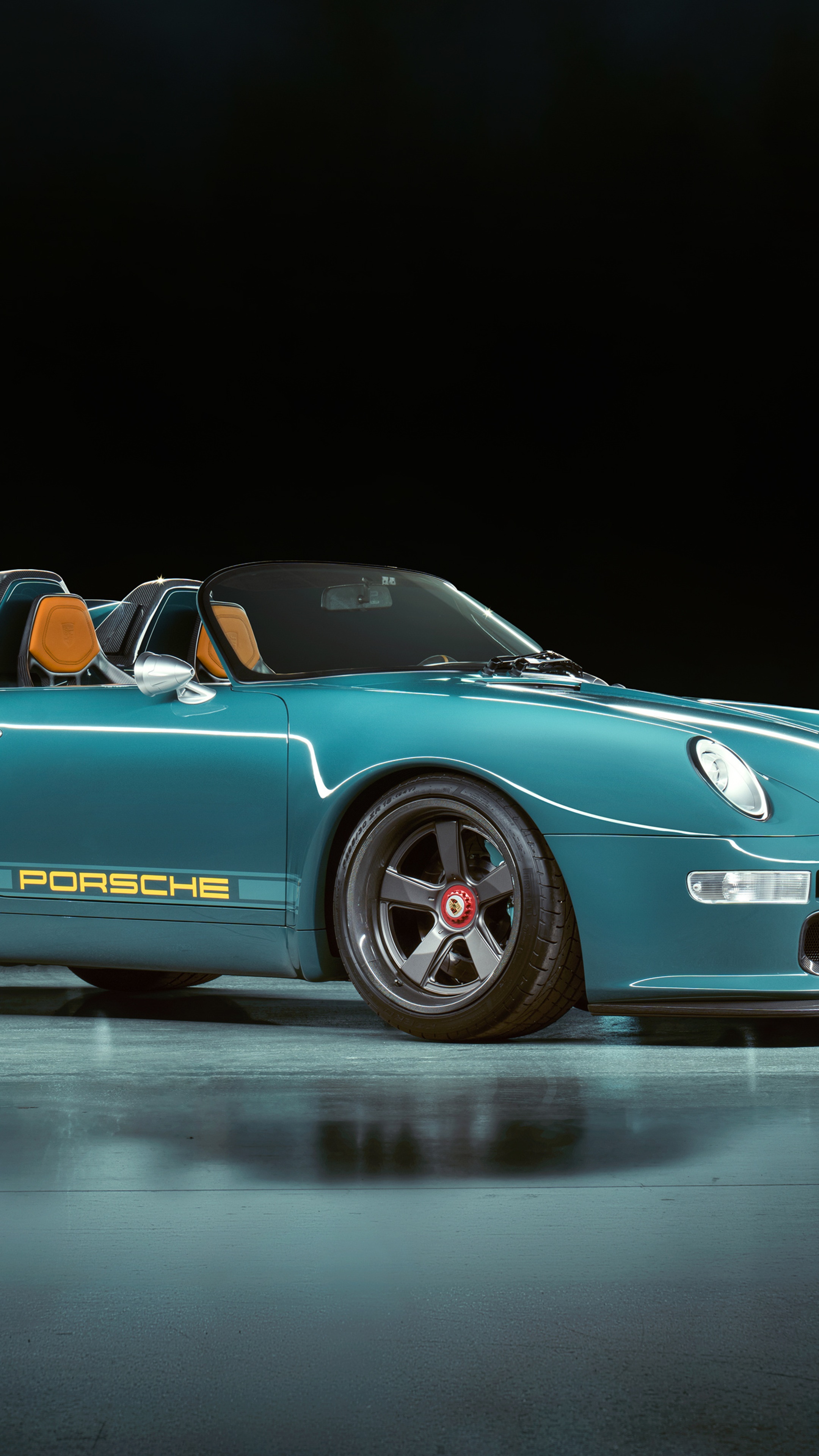 Teal Porsche 911 convertible with yellow PORSCHE text HD Phone Wallpaper