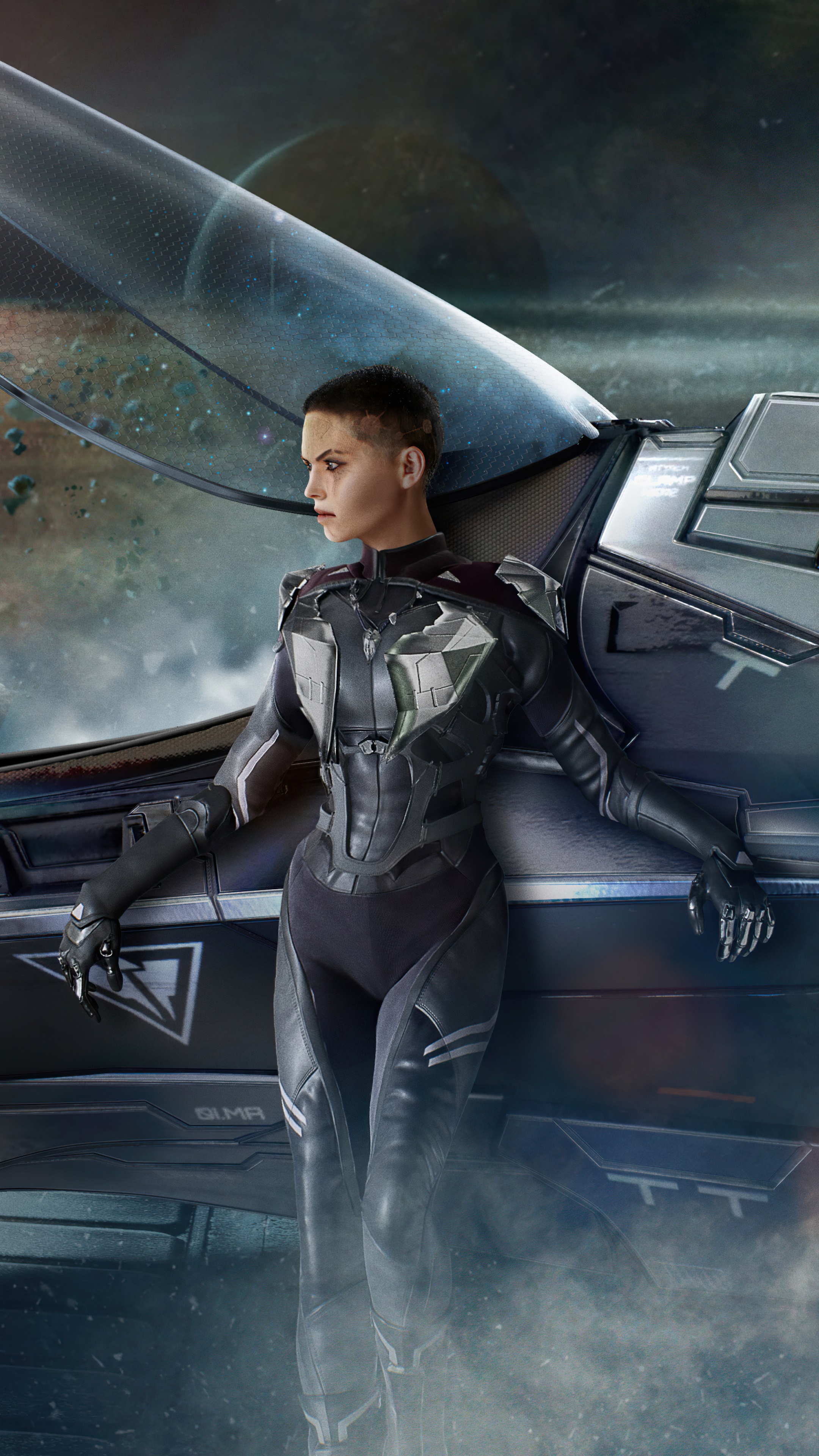 Woman in sci-fi suit leaning on spacecraft HD Phone Wallpaper
