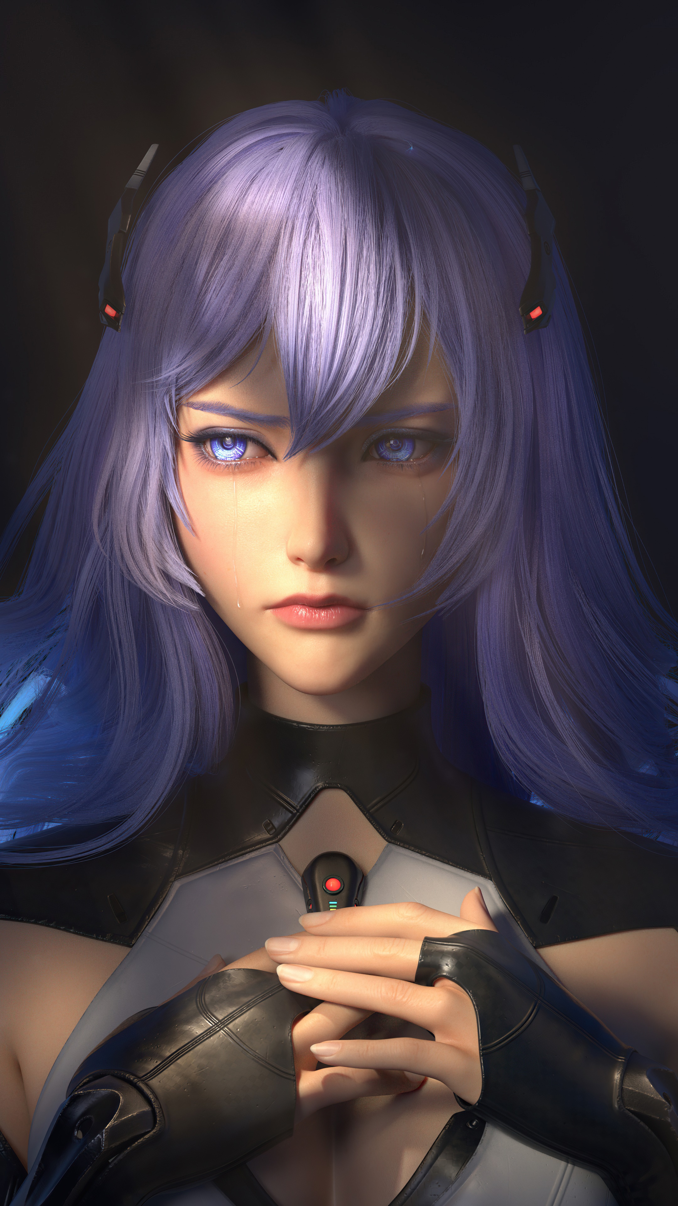 Crying Sci-fi Woman with Purple Hair HD Phone Wallpaper