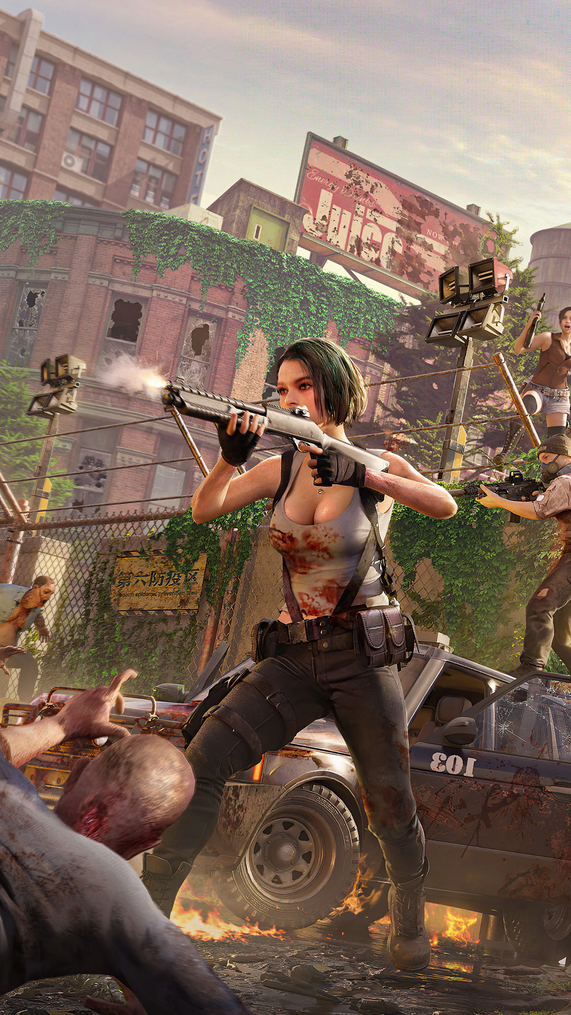 Woman shooting zombies in a destroyed city HD Phone Wallpaper