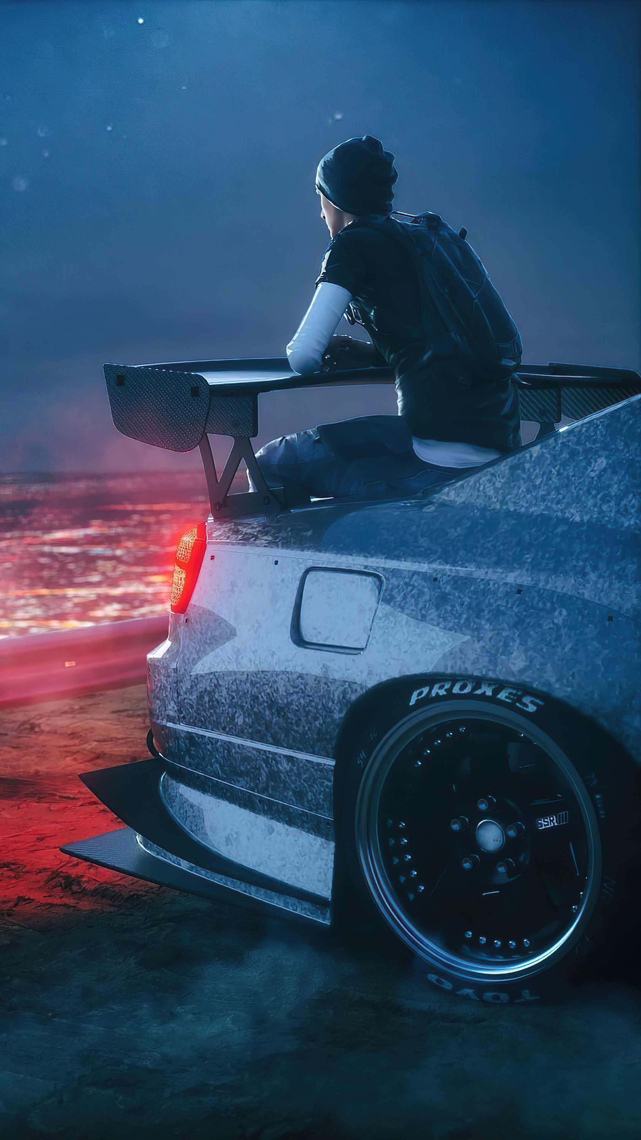 Person sitting on a car with a spoiler HD Phone Wallpaper