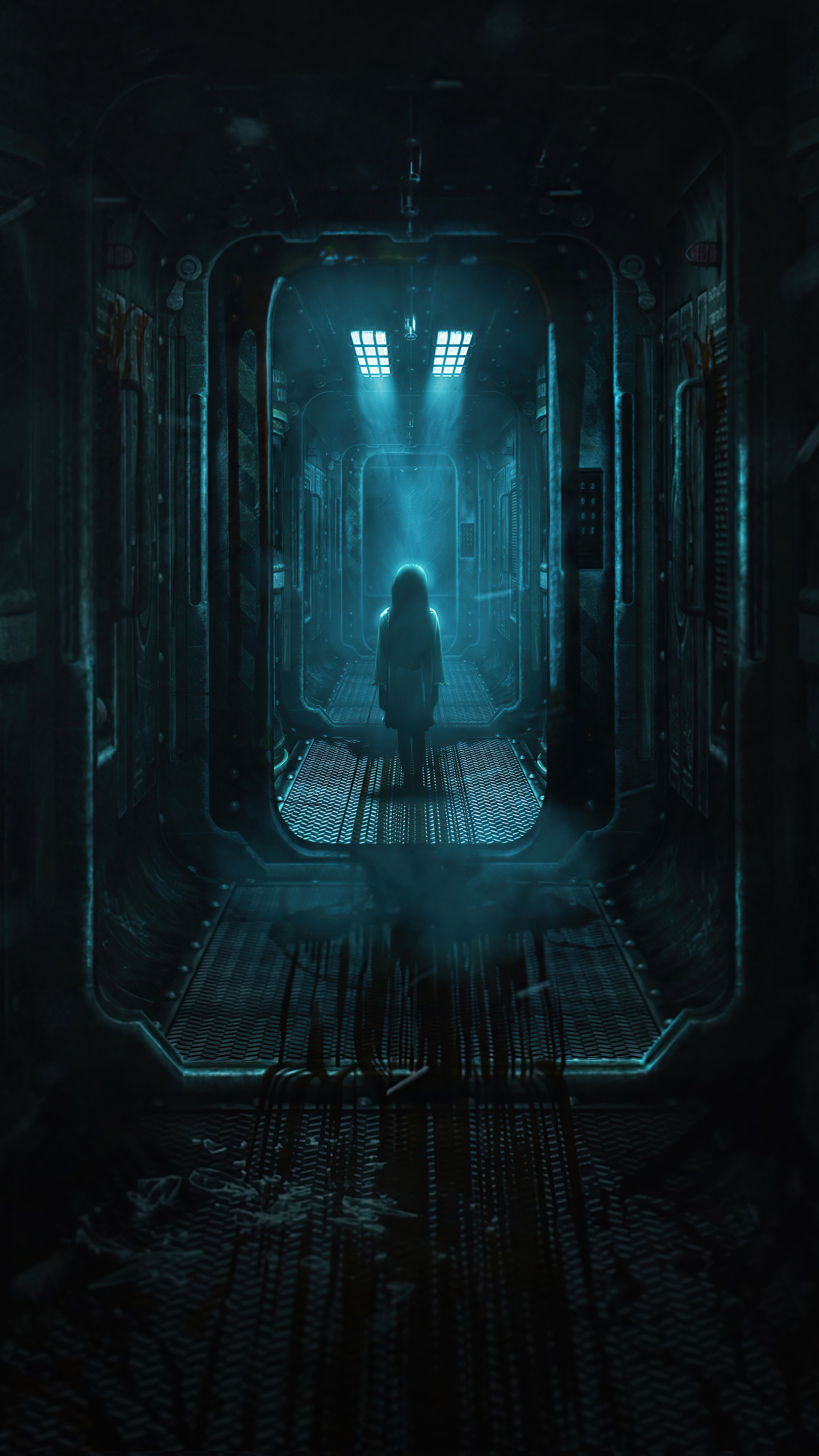 A lone figure in a dark, futuristic corridor HD Phone Wallpaper