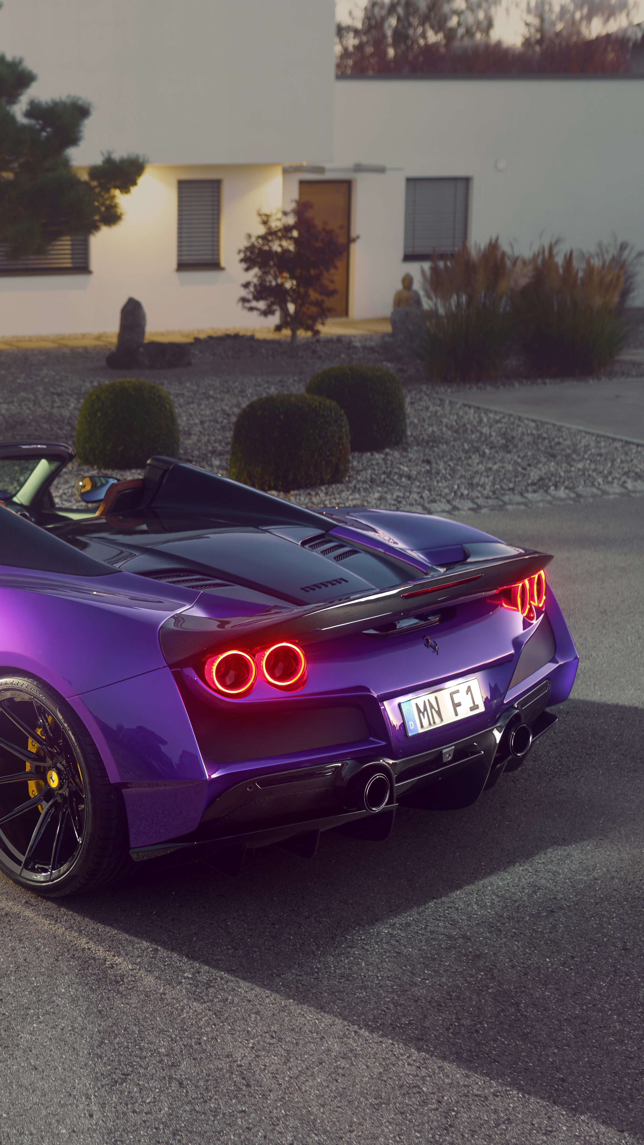 Purple Ferrari F8 Tributo Spider parked in front of a modern house HD Phone Wallpaper