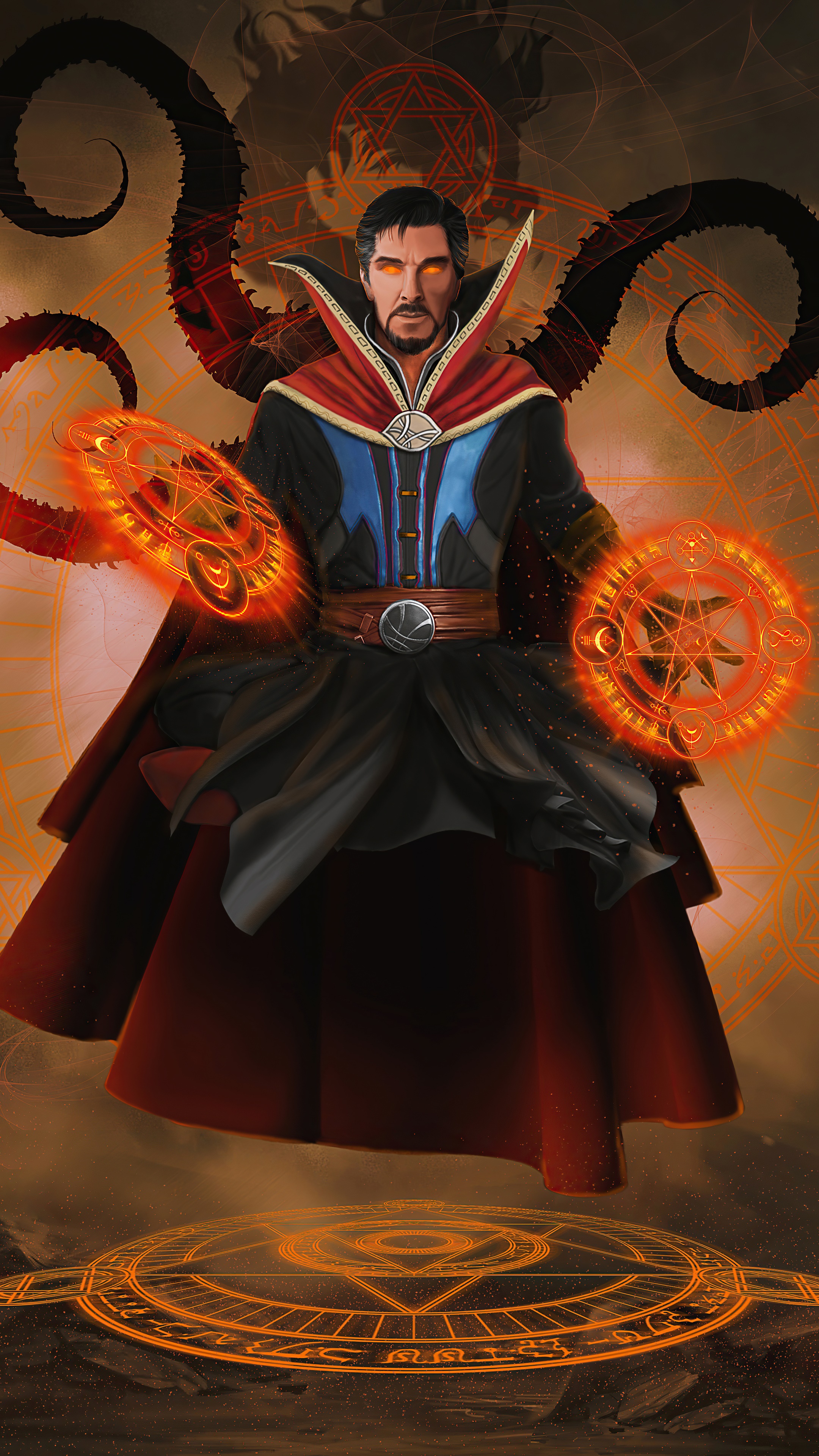 Doctor Strange casting spells with tentacles in background HD Phone Wallpaper