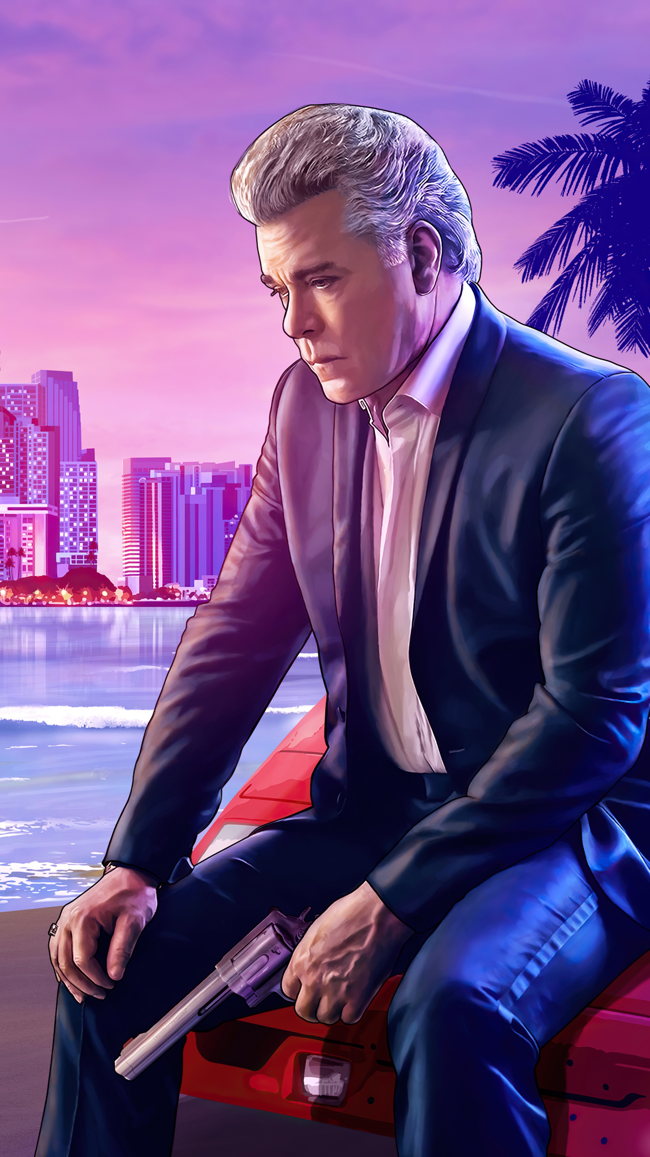 Man with gun in suit on beach with city skyline HD Phone Wallpaper