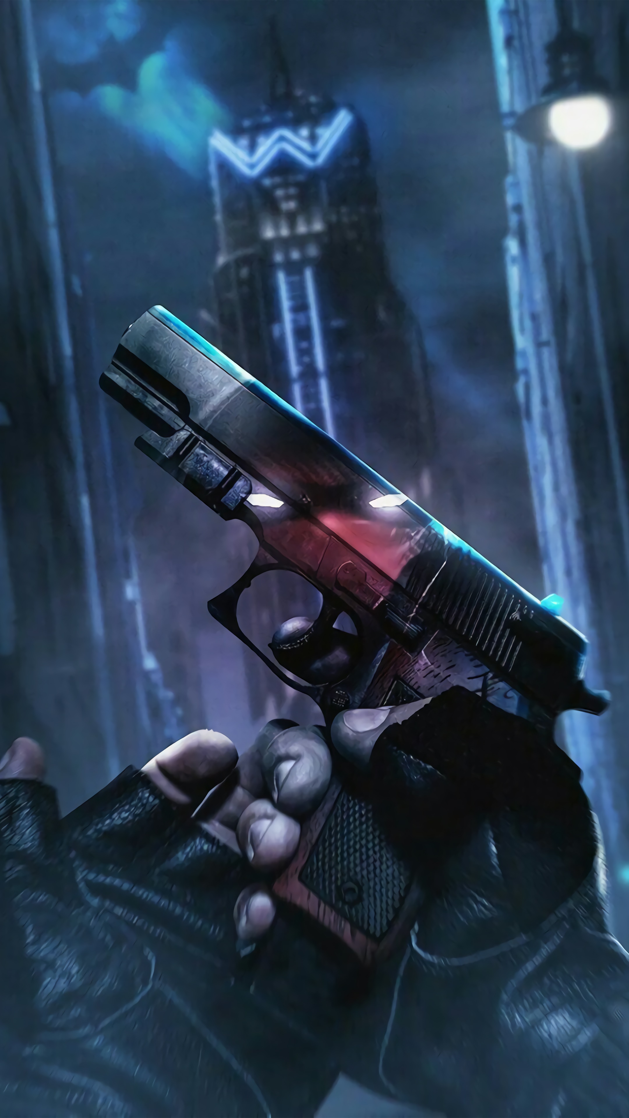 Red Hood holding a gun in a city at night HD Phone Wallpaper
