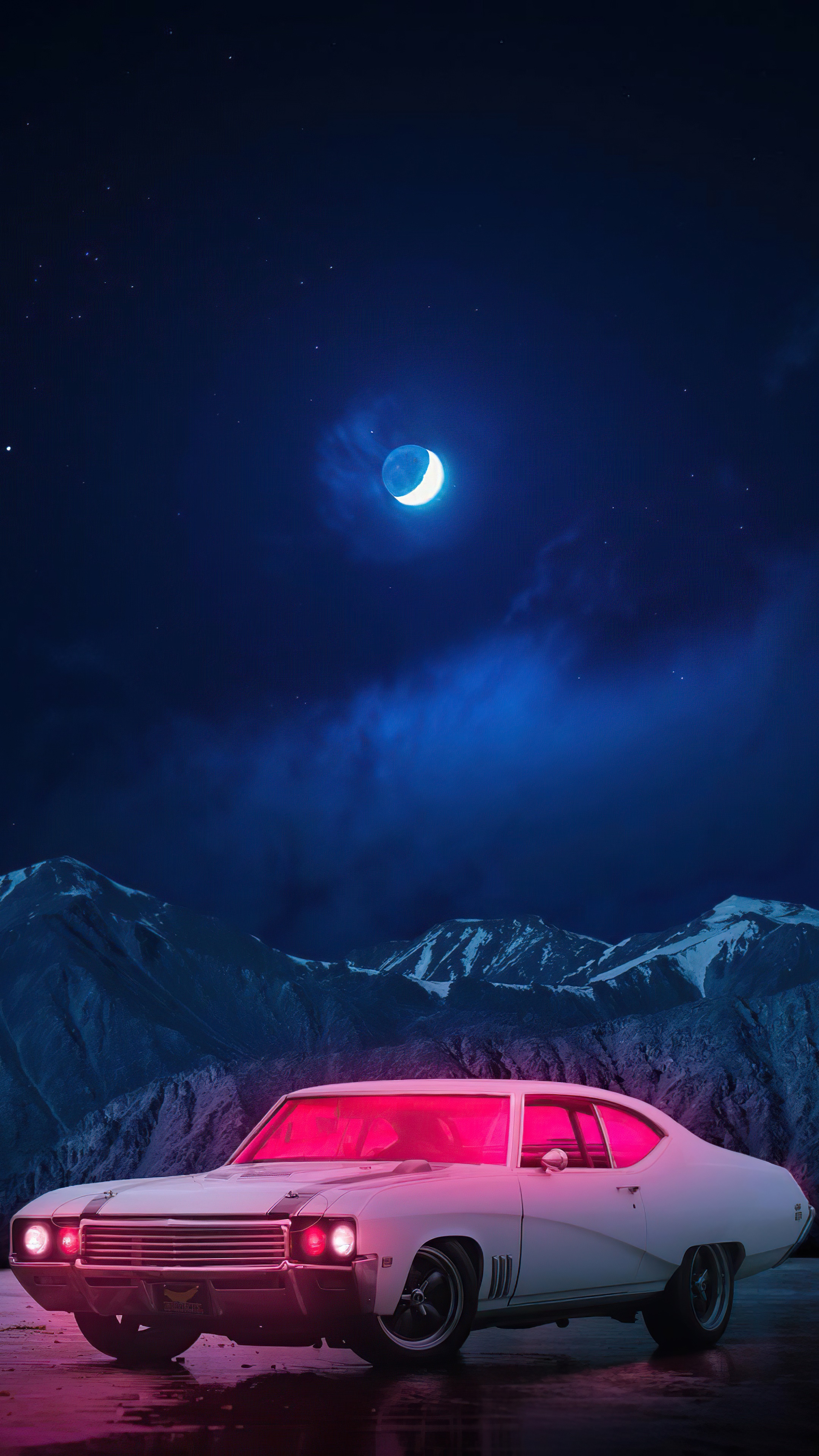 White car with pink interior under a crescent moon HD Phone Wallpaper