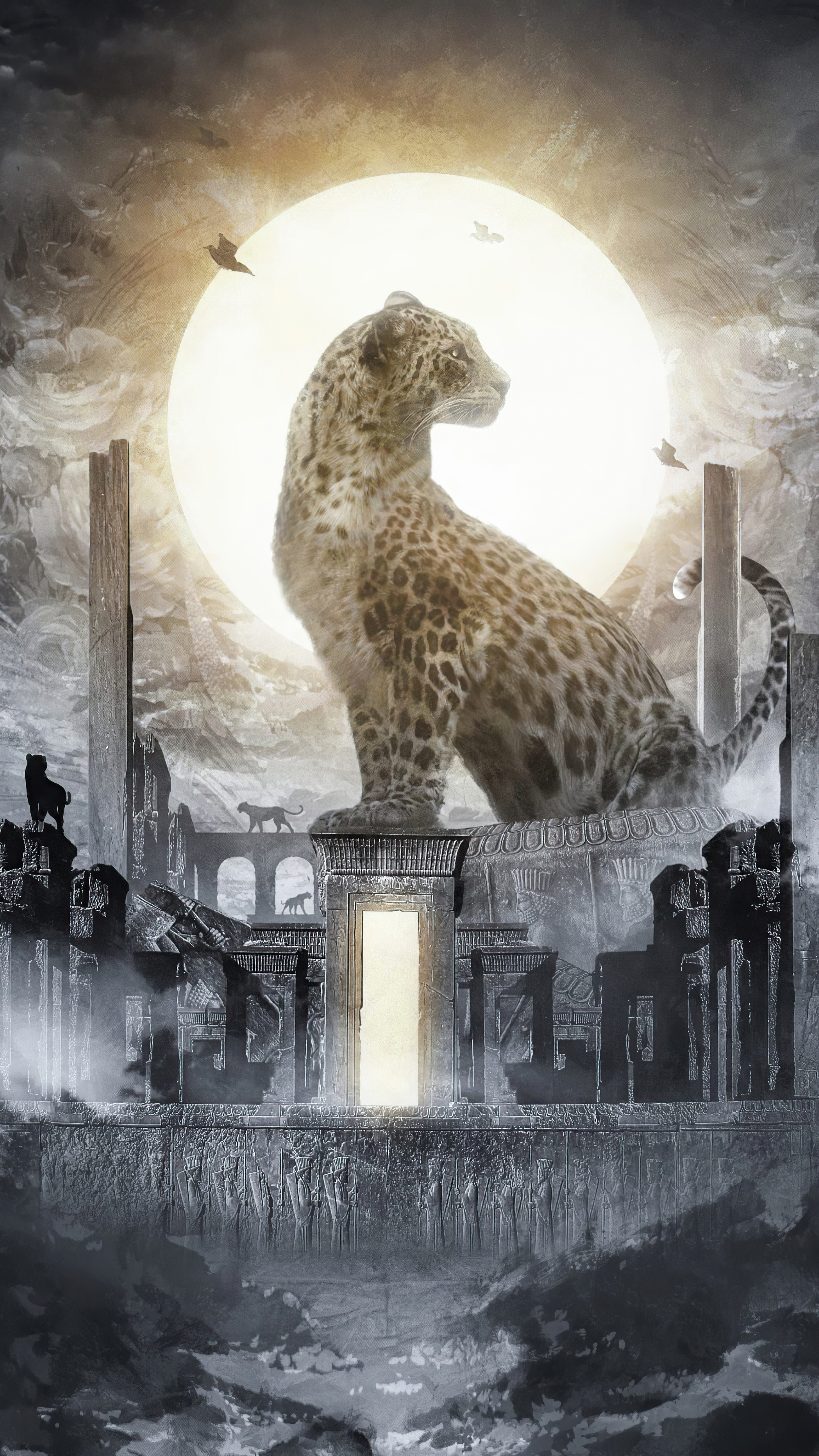 Leopard in ancient ruins under a full moon HD Phone Wallpaper
