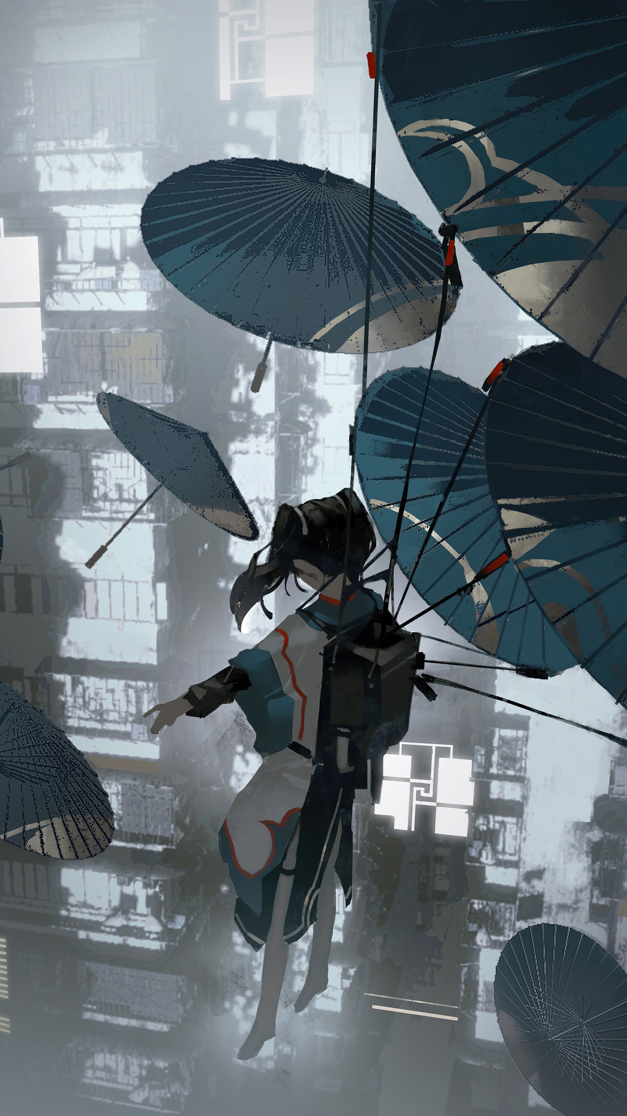 Girl with Umbrellas in Futuristic City HD Phone Wallpaper
