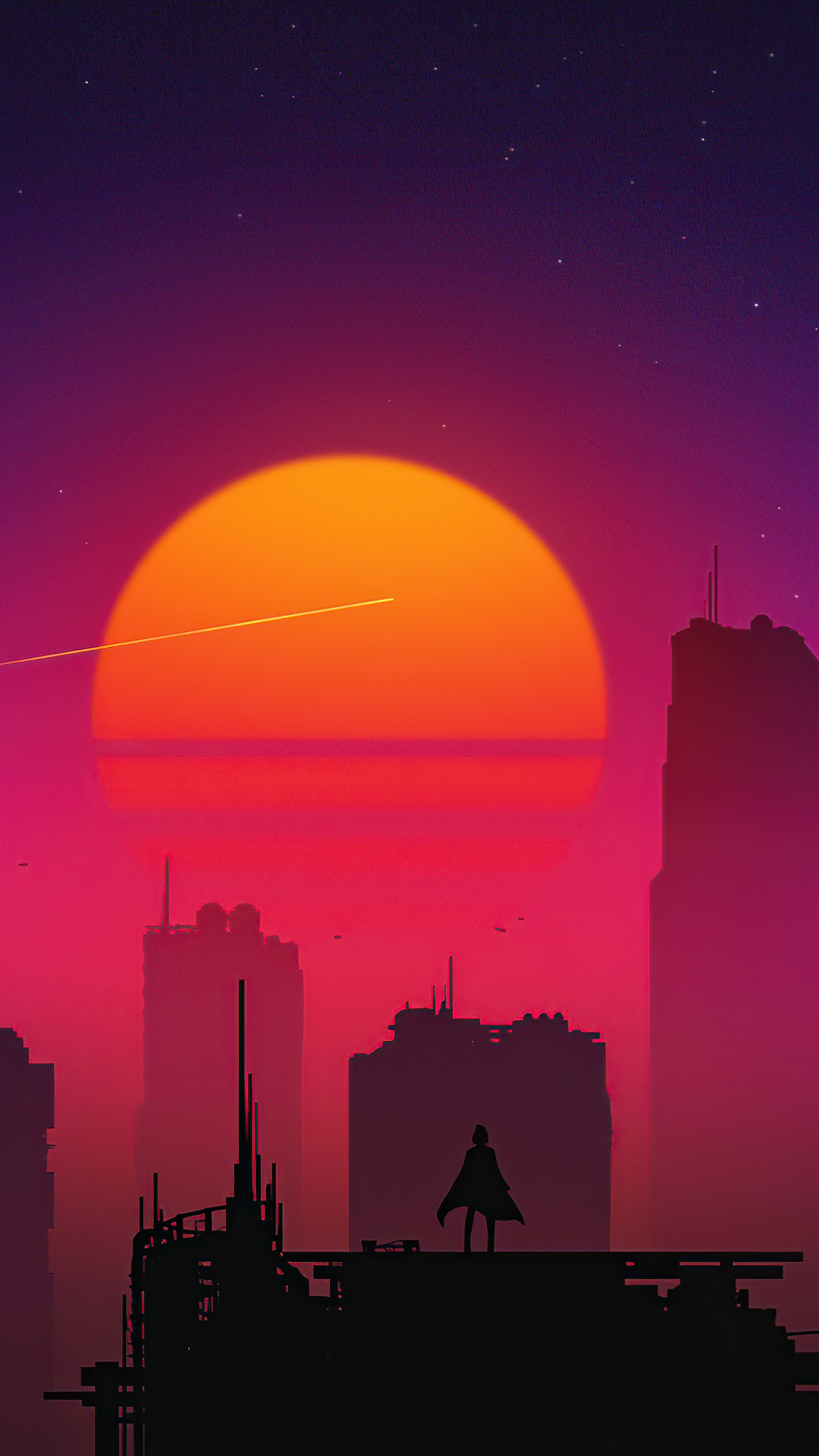 Silhouette figure overlooking a retro-futuristic city at sunset HD Phone Wallpaper