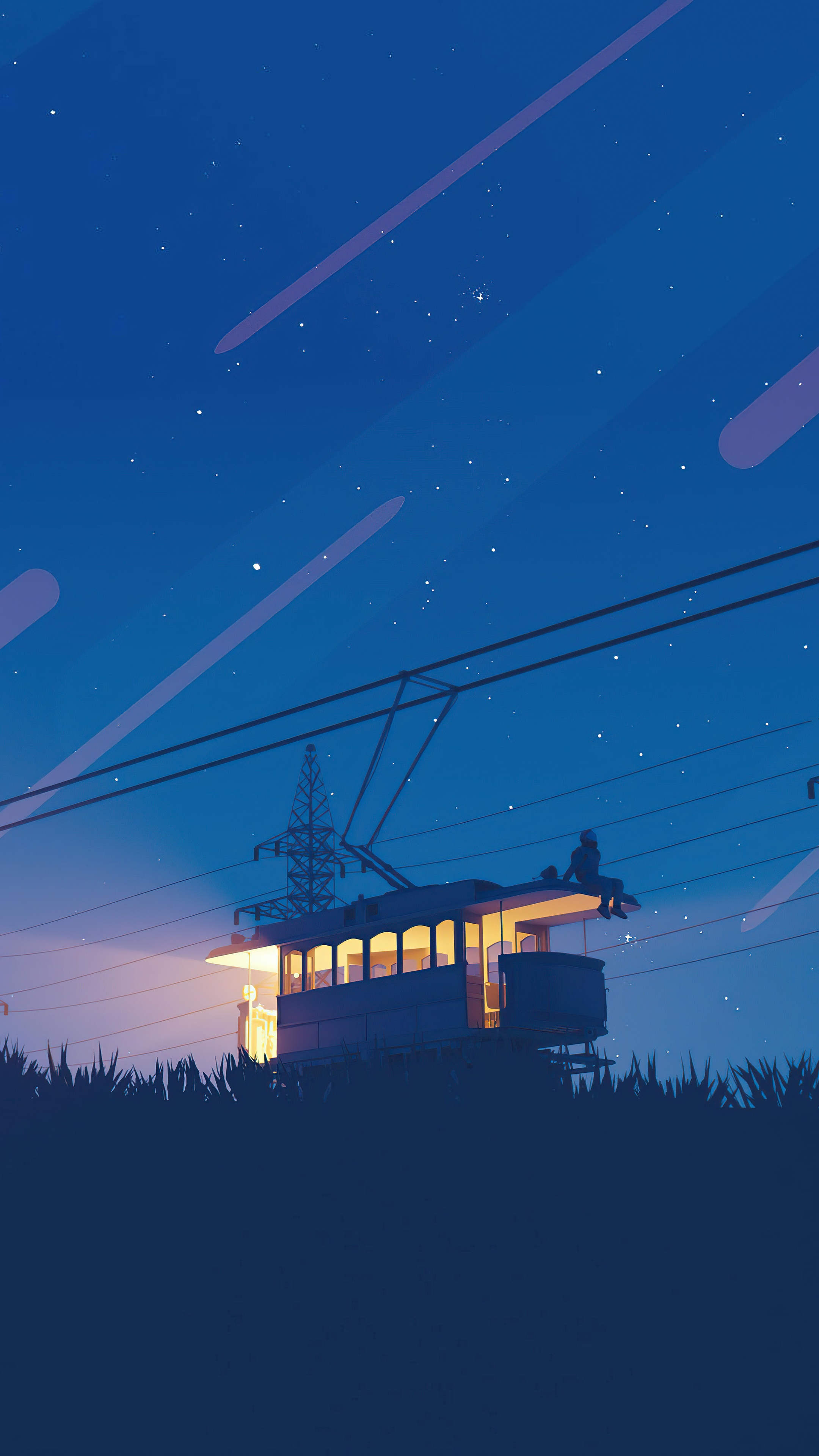 Two people sitting on a tram roof at night HD Phone Wallpaper
