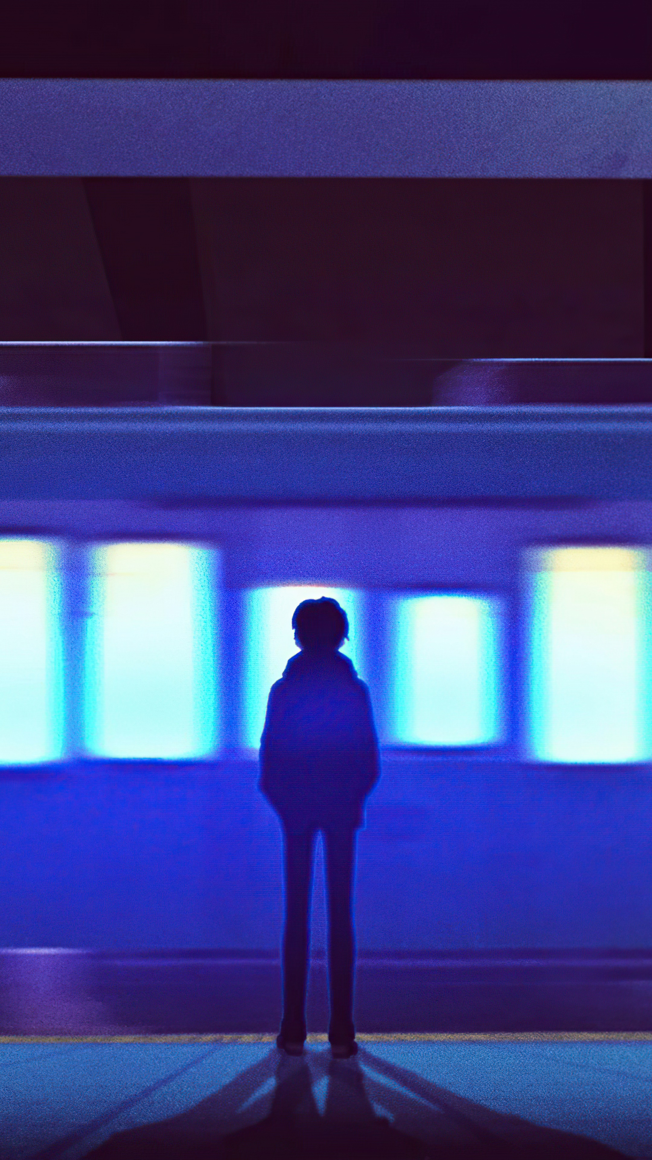 Silhouette of a person on a train platform HD Phone Wallpaper