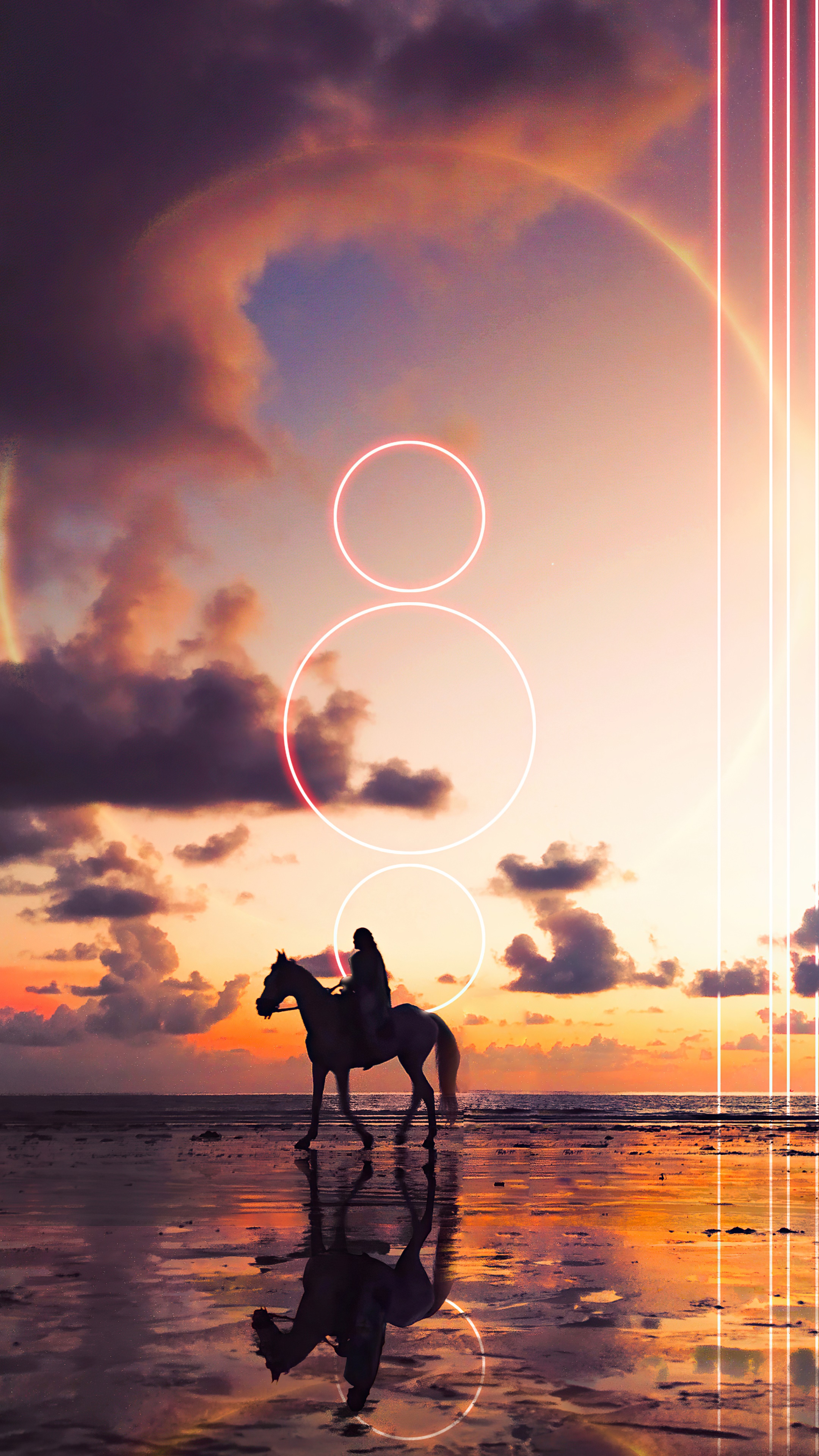 Horse and rider on beach at sunset with neon circles HD Phone Wallpaper