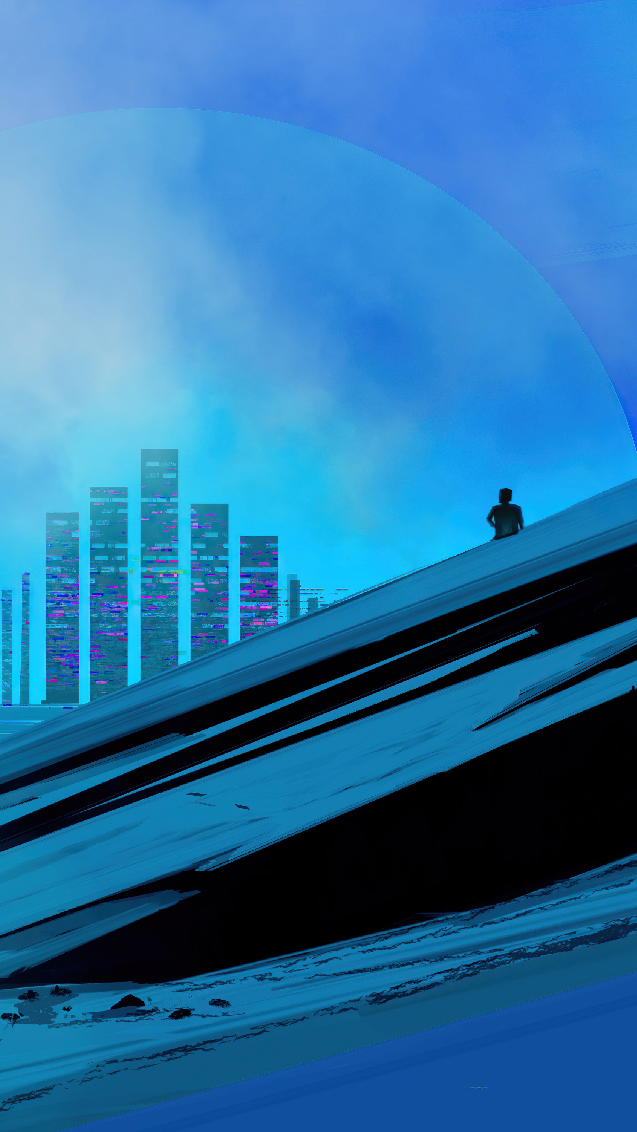 Man on hill overlooking futuristic city under blue sky HD Phone Wallpaper