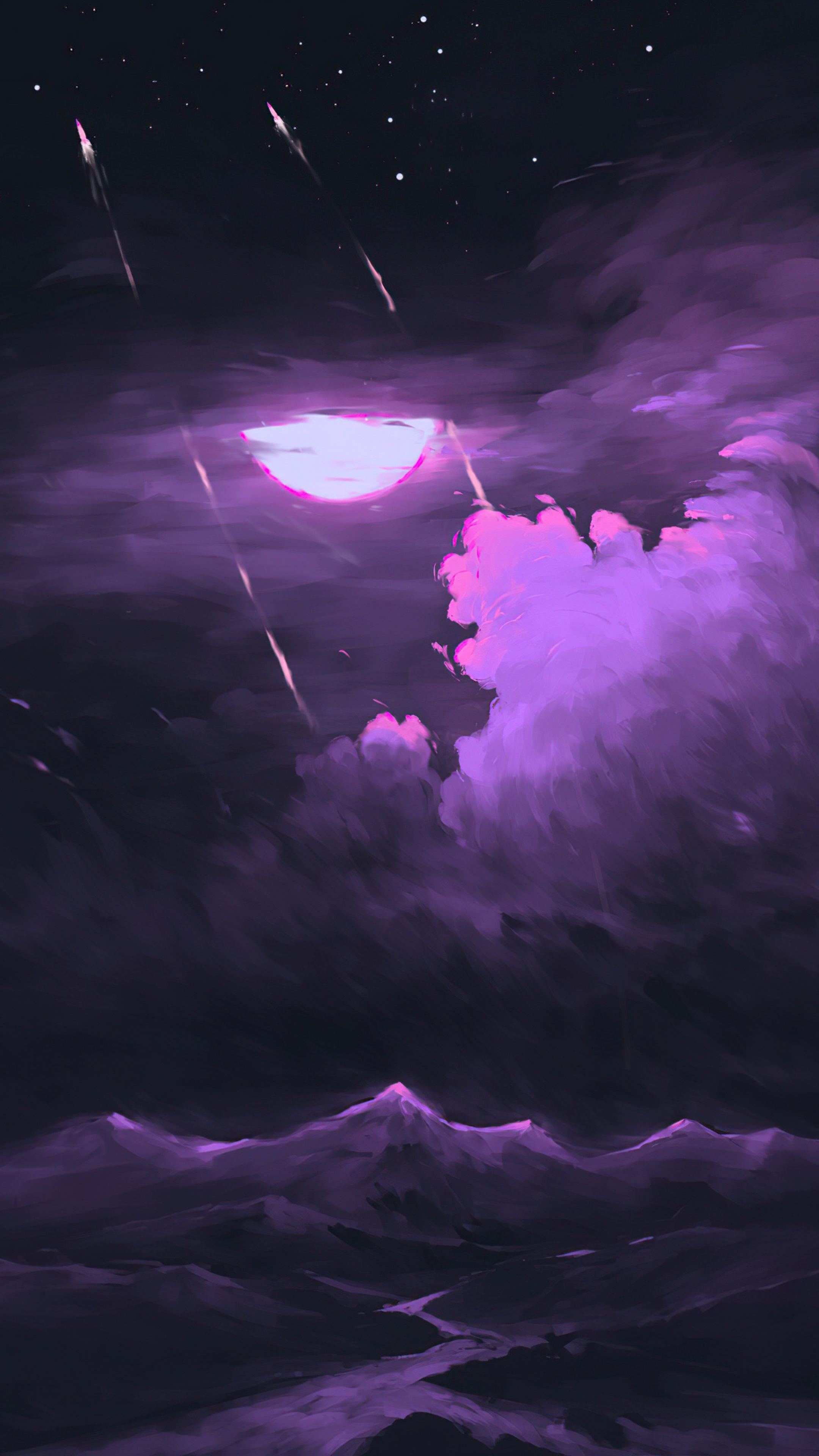 Digital Art of a Purple Night Sky with Mountains HD Phone Wallpaper