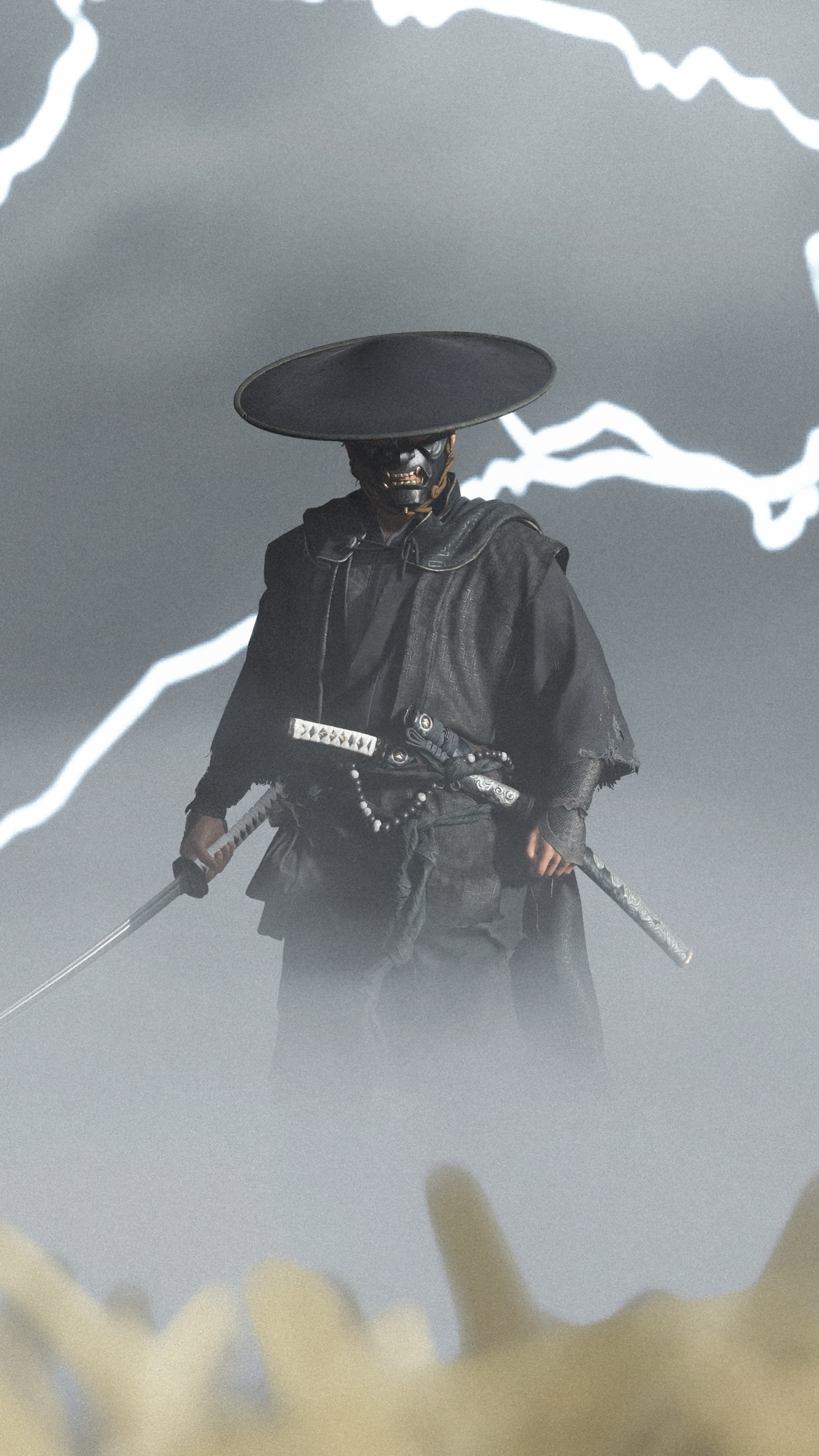 Ghost of Tsushima samurai with swords and lightning HD Phone Wallpaper